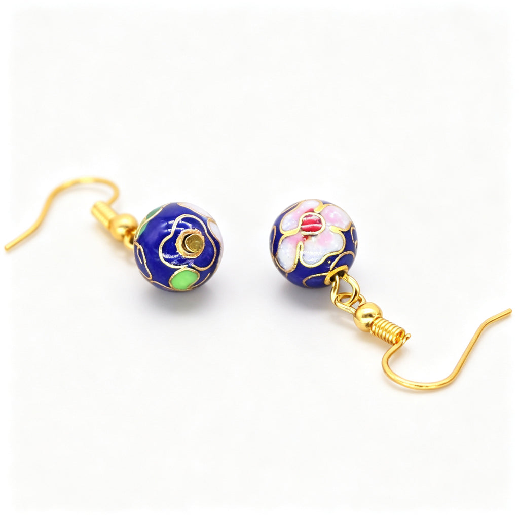 JCJ Handmade Cloisonne Enamel 10mm Round Bead Drop Earrings Traditional Chinese Jewelry