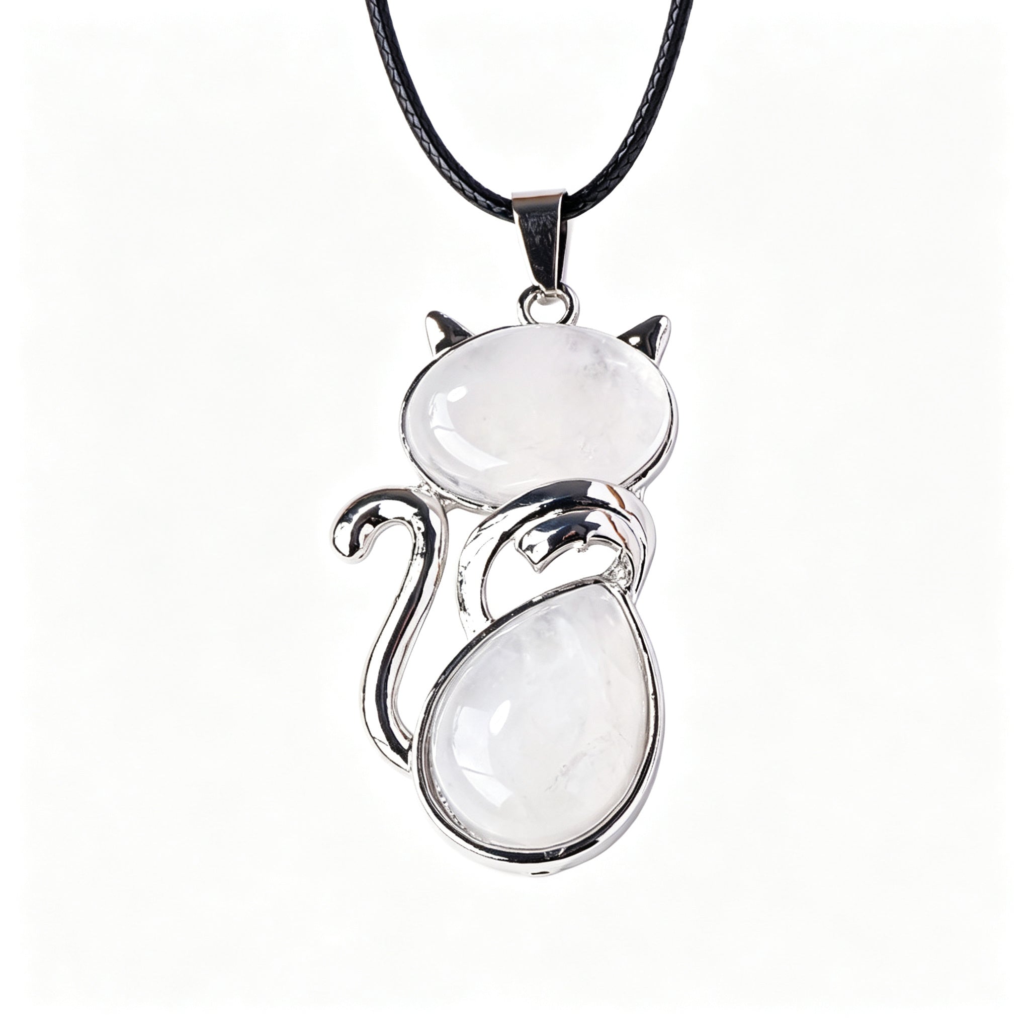 RYS Natural Crystal Gemstone Cat Pendant with Leather Cord