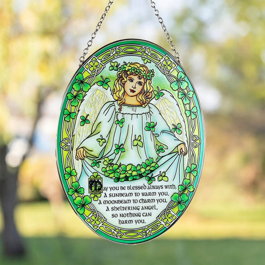YAP Stained Glass Suncatcher Hanging Ornament, Angel Clover Window Wall Decor, Pastoral Home Gift