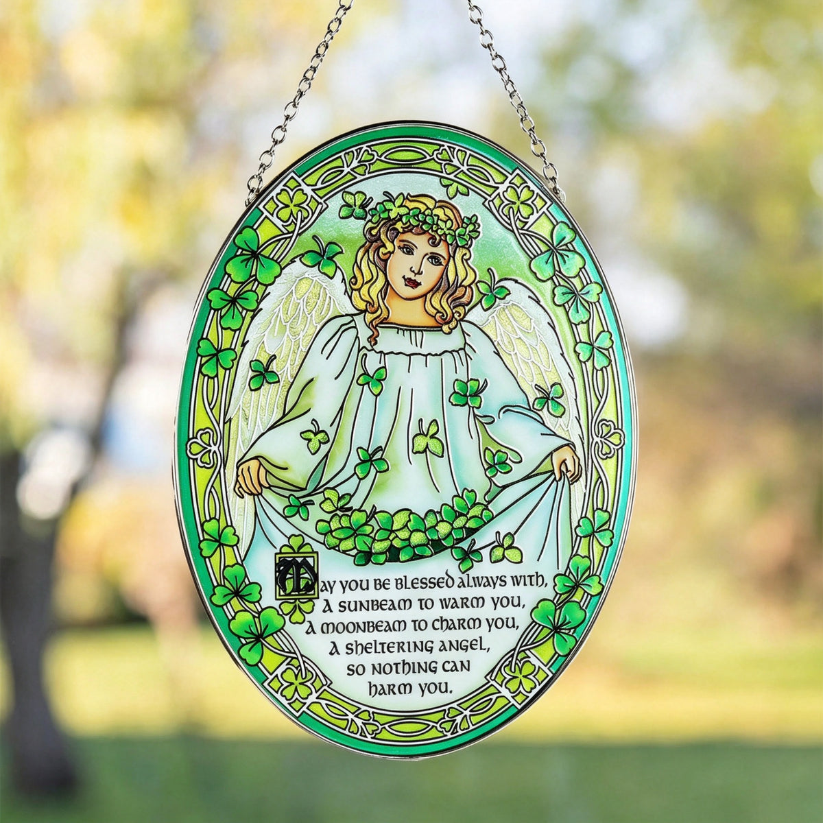 YAP Stained Glass Suncatcher Hanging Ornament, Angel Clover Window Wall Decor, Pastoral Home Gift