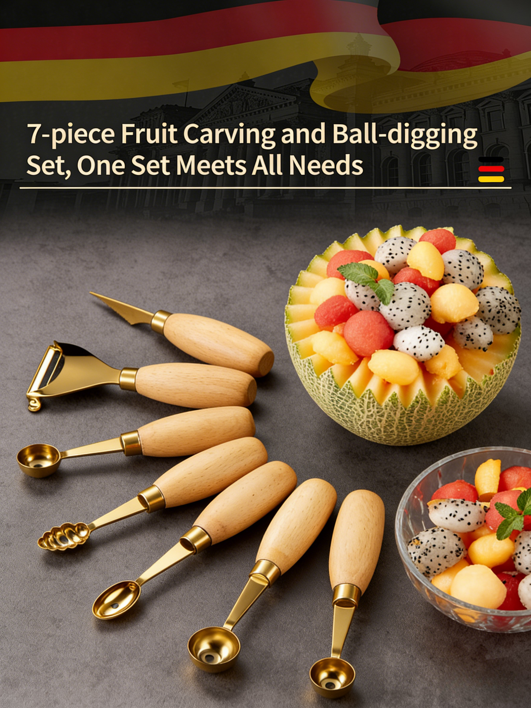 HGD 304 Stainless Steel Fruit Tool with Beech Wood Handle | Melon Baller, Carving Knife & Peeler