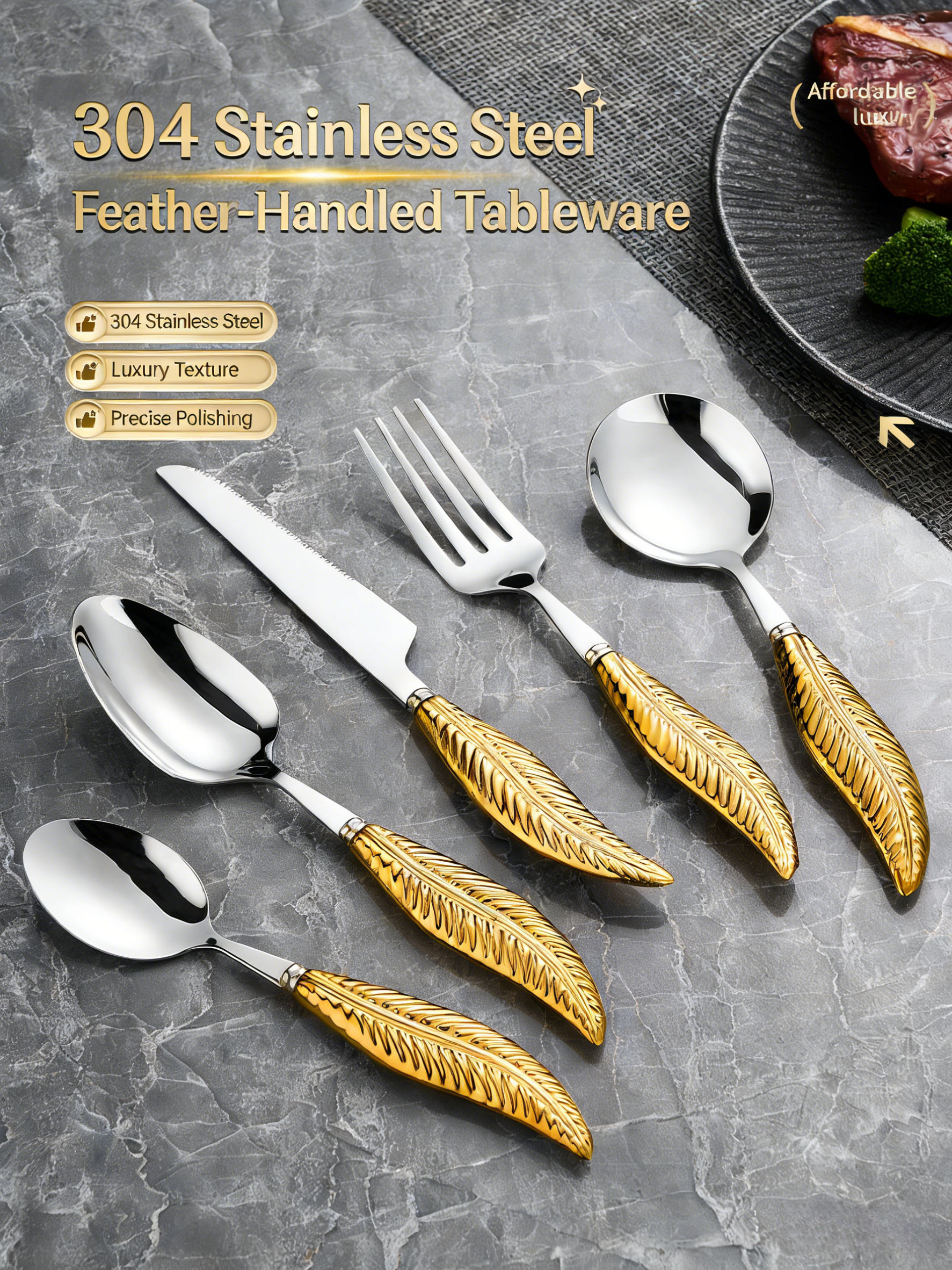 HGD 304 Stainless Steel Luxury Feather-Handled Cutlery | Premium Steak Knife Fork Spoon Set
