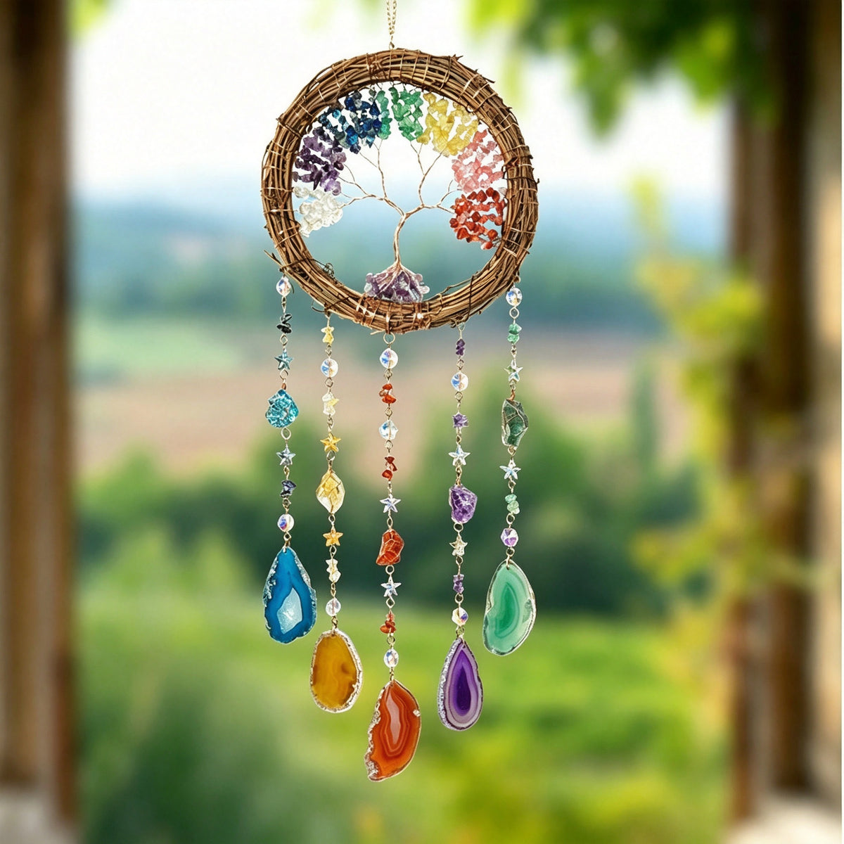 MGY Tree of Life Rattan Dreamcatcher Wind Chime, Colorful Agate Slices Wall Hanging Ornament for Living Room Bedroom Home Decor
