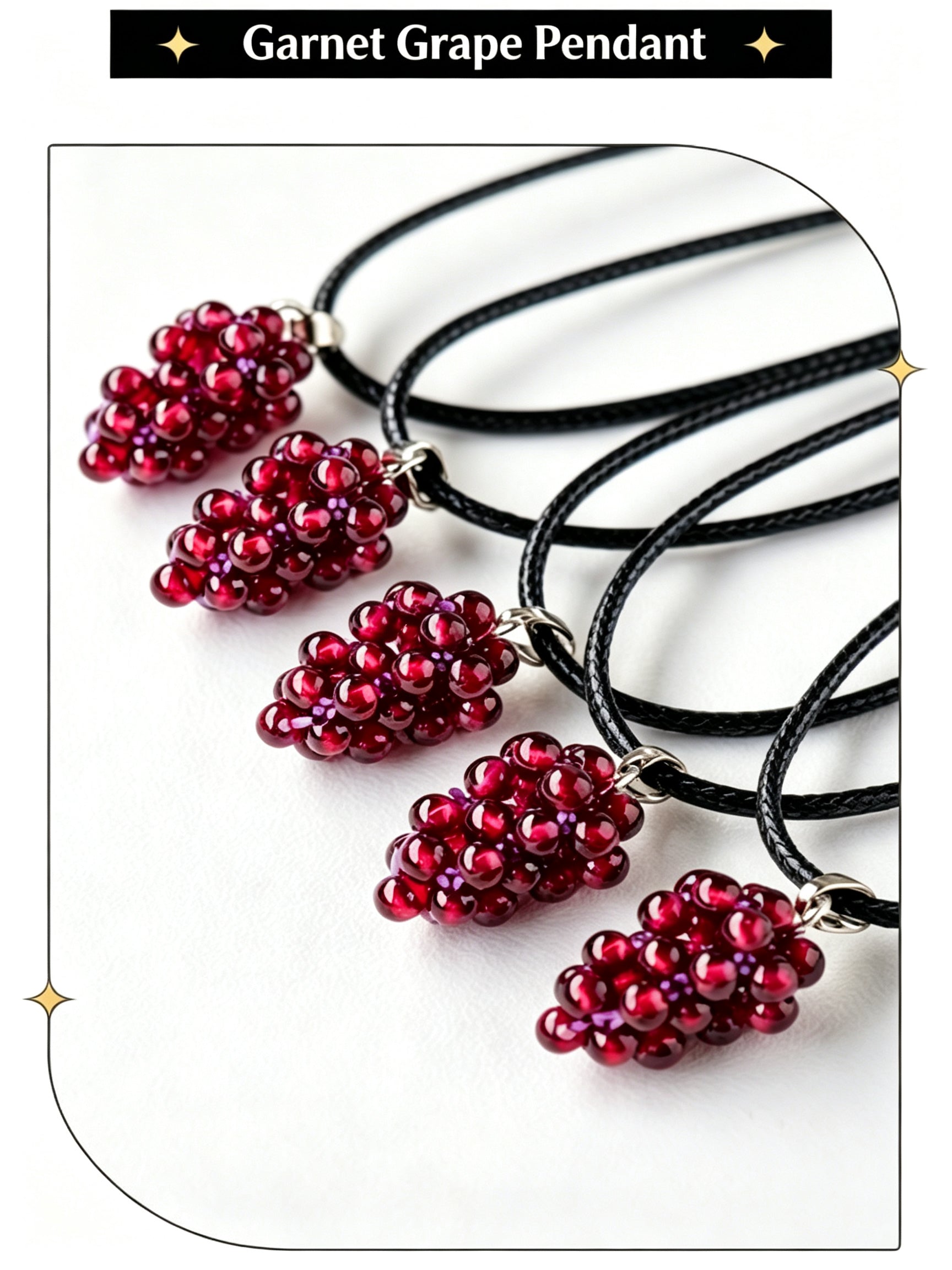RYS Handmade Garnet Grape Pendant Necklace | Natural Red Garnet Beaded Charm with Black Leather Cord