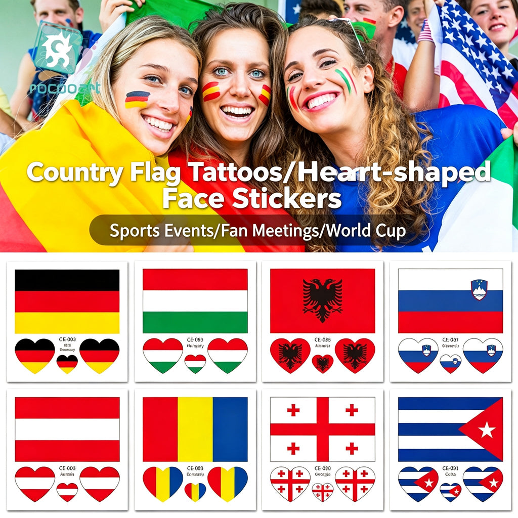 RCT Country Flag Waterproof Temporary Tattoos | Heart-Shaped Face Stickers for Sports & Fan Events