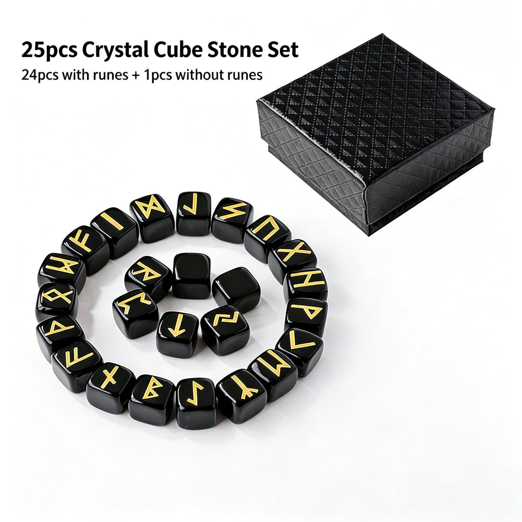 RYS 25pcs Crystal Rune Stones Set, Obsidian Divination Kit with Gift Box (24 Runes + 1 Blank Stone)