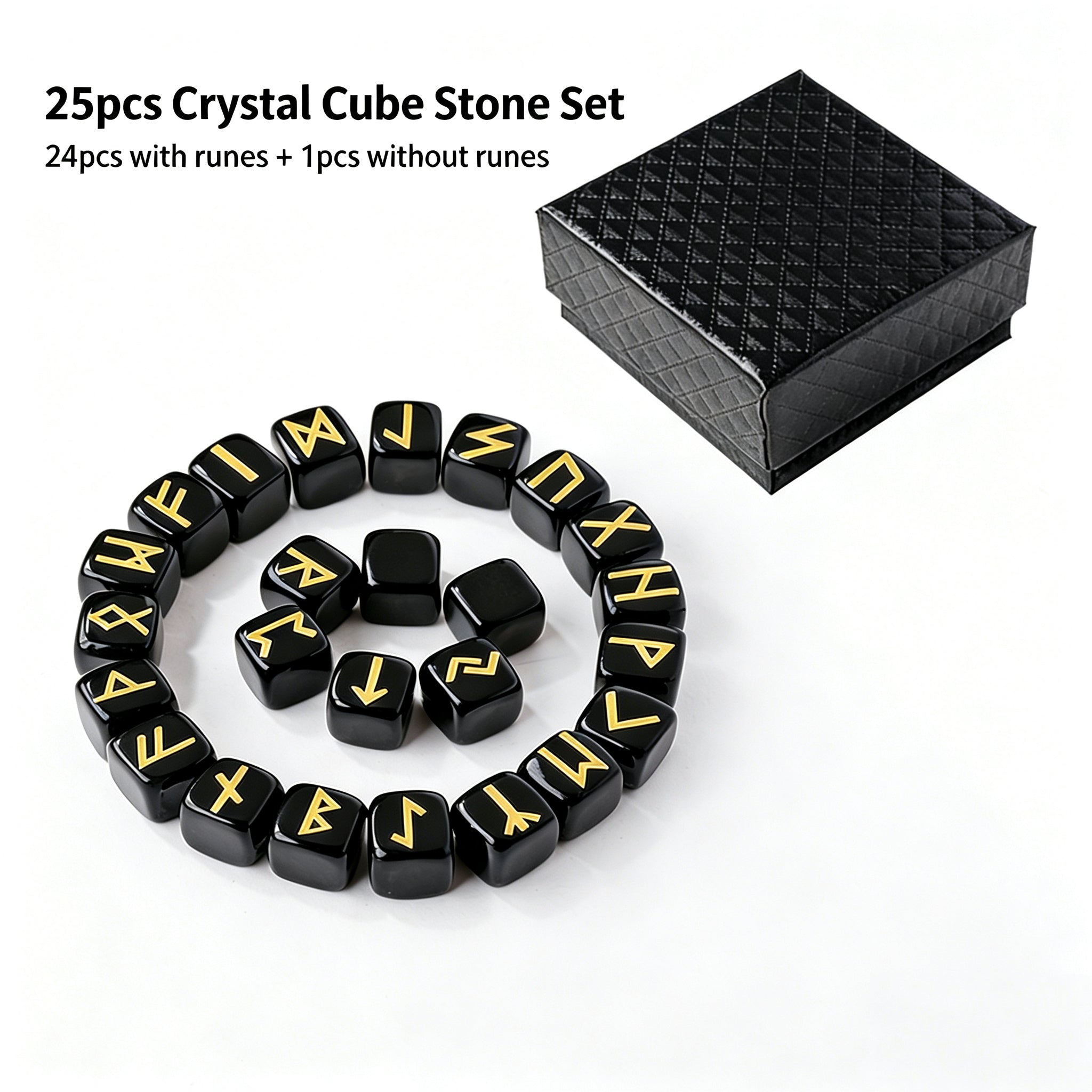 RYS 25pcs Crystal Rune Stones Set, Obsidian Divination Kit with Gift Box (24 Runes + 1 Blank Stone)