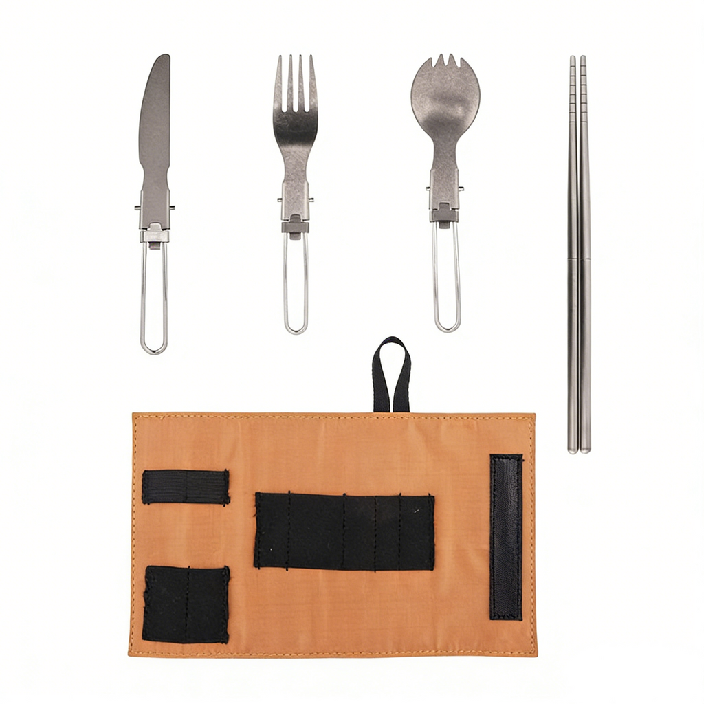 SNR Reines Titan Faltbares Besteckset, Leichtgewicht Gabel Löffel Essstäbchen 4-teiliges Set für Outdoor Camping