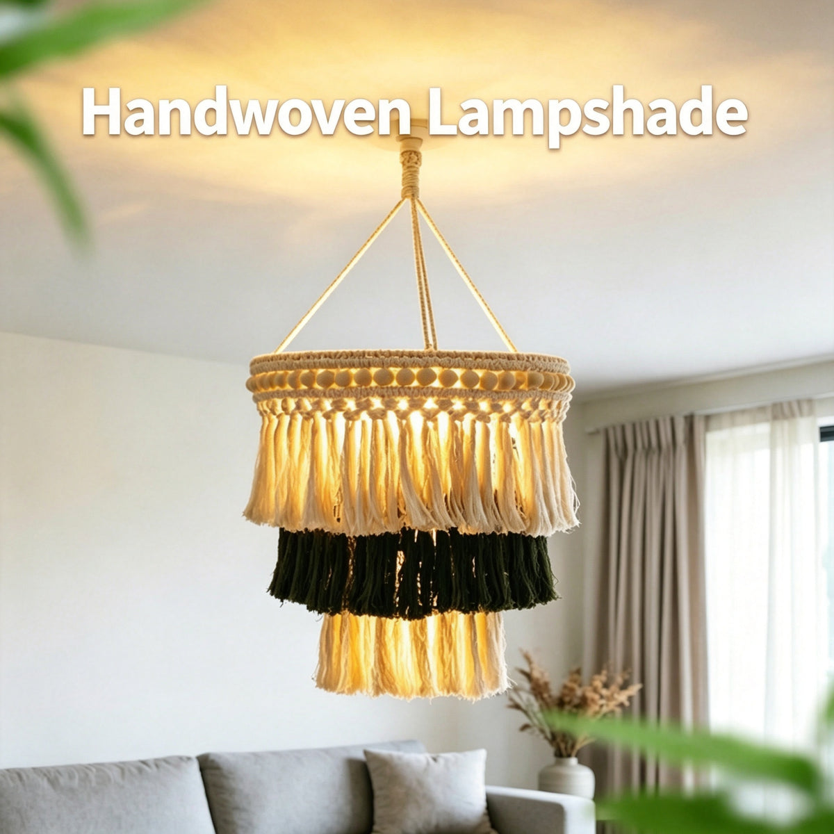JSE Boho Hand Woven Cotton Linen Pendant Lampshade Tassel Ceiling Lamp Cover for Home Decor