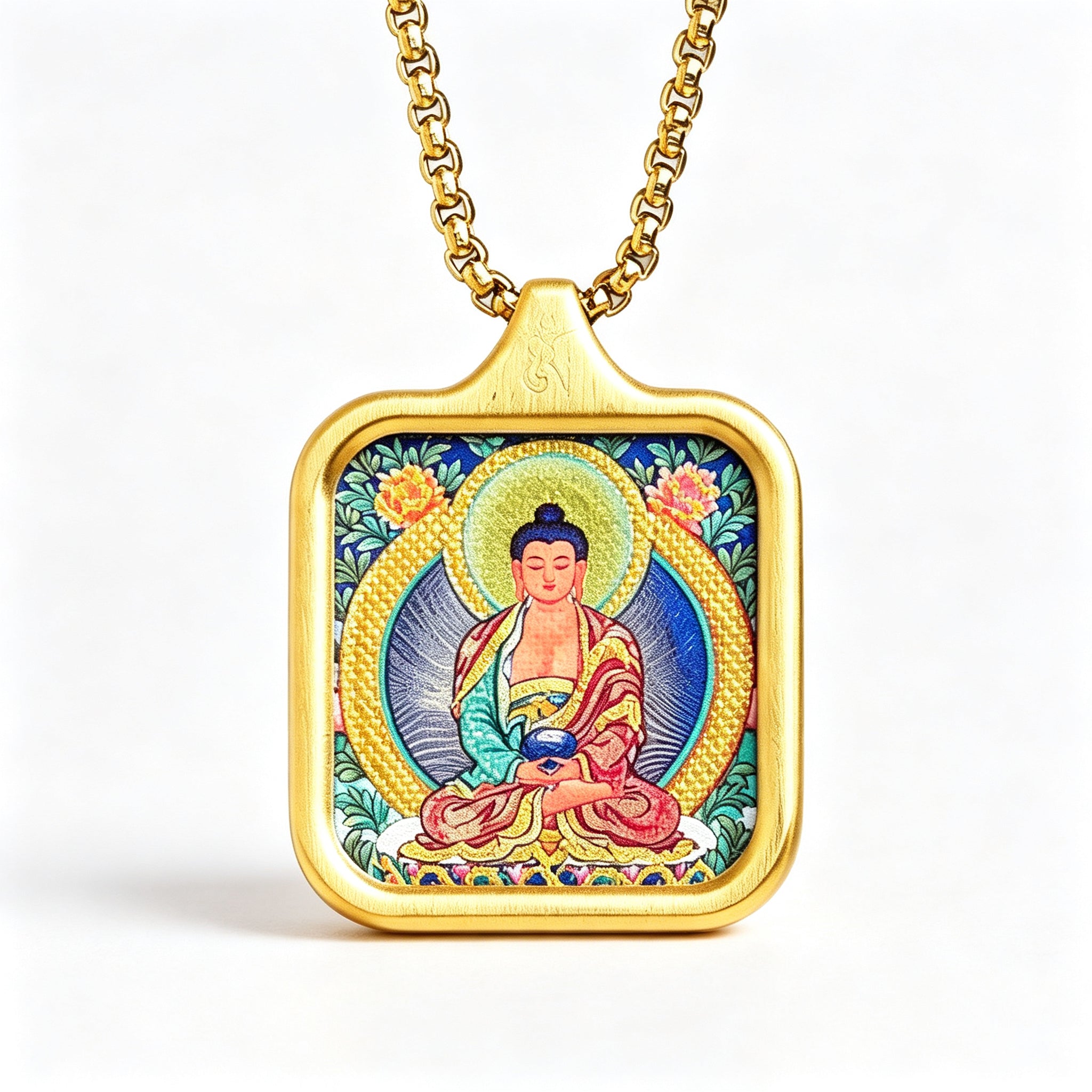 RYS Hand-Painted Thangka Buddha Pendant Necklace | 18K Gold Plated Alloy | Tibetan Patron Saint Amulet for Zodiac Signs | Spiritual Protection Jewelry
