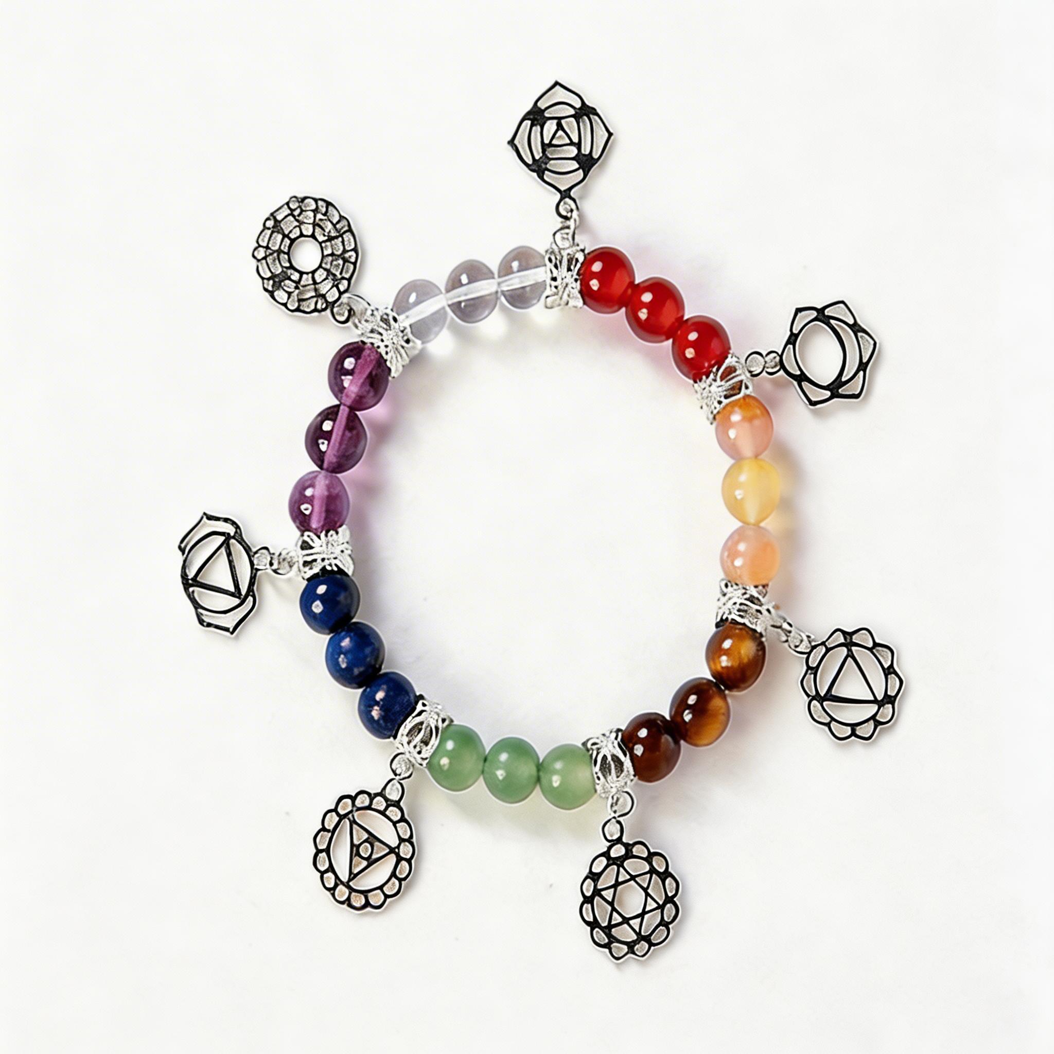 RYS Natural 7 Chakra Crystal Bracelet 8mm Silver-Plated Symbol Beaded Bracelet