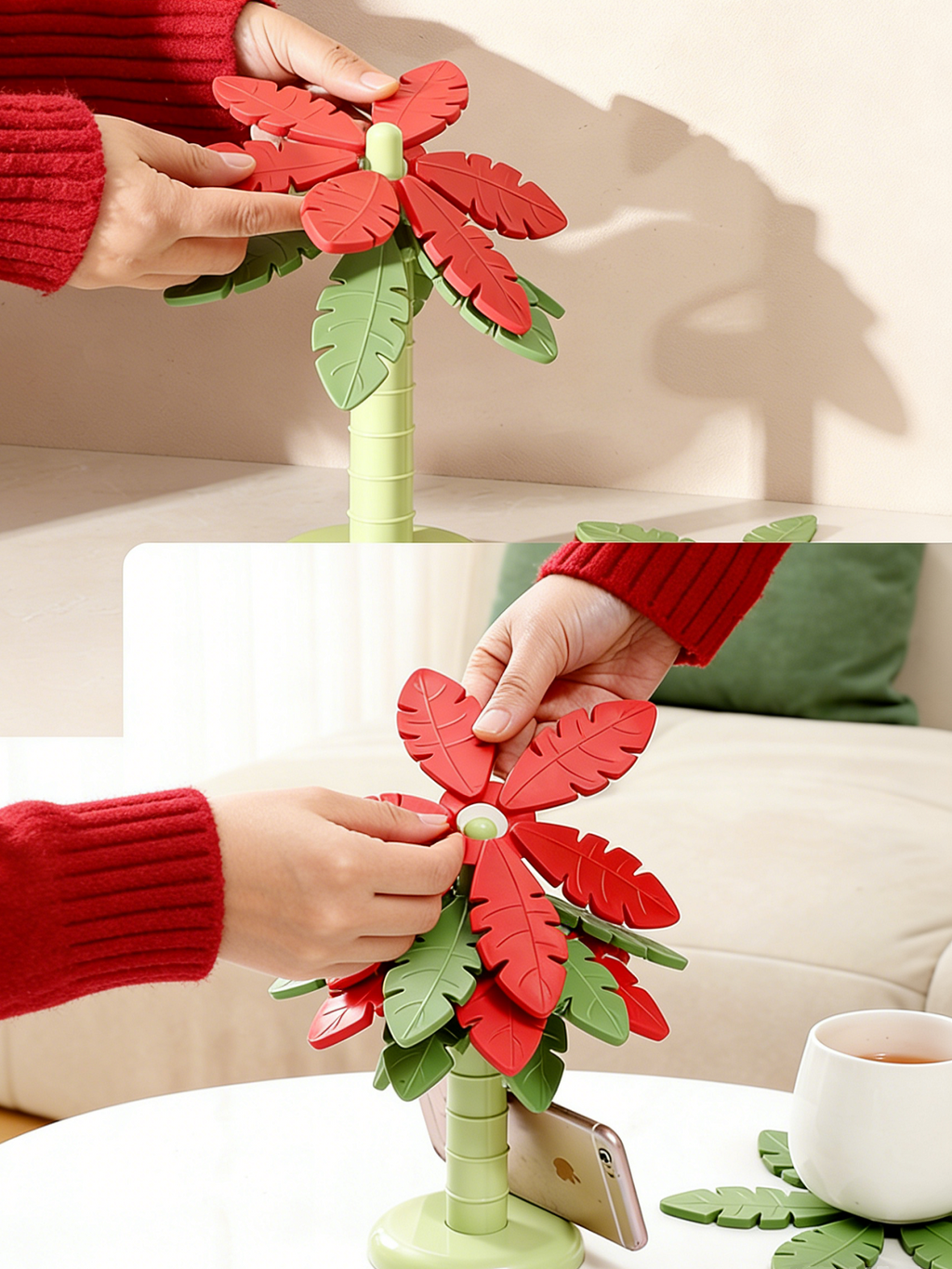 ZZBH Zeitmaschine Baum Silikon-Wärmedämmunterlage, hitzebeständige Tischmatte für den Heimgebrauch, Untersetzer für Schalen/Töpfe/Sandtöpfe (4 Blätter + 1 Ständer)