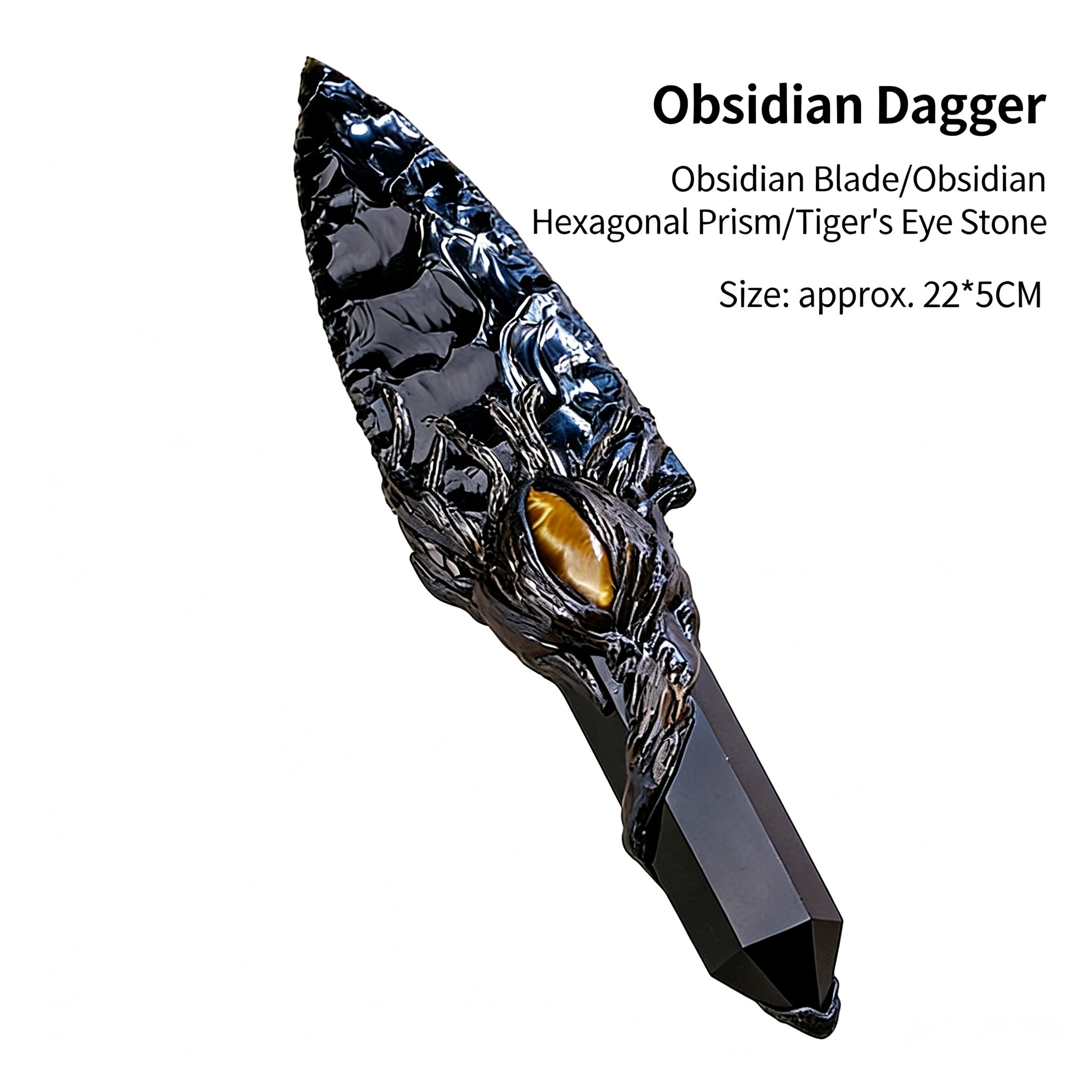 RYS Natural Obsidian Crystal Dagger, Hand Carved Stone Blade with Wooden Handle, Spiritual Ritual & Altar Decor