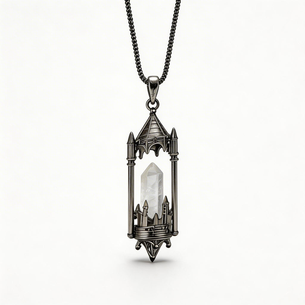 RYS Fantasy Castle Natural Crystal Point Pendant | Multi-Metal (Titanium/Silver/Gold) Options, Includes Chain