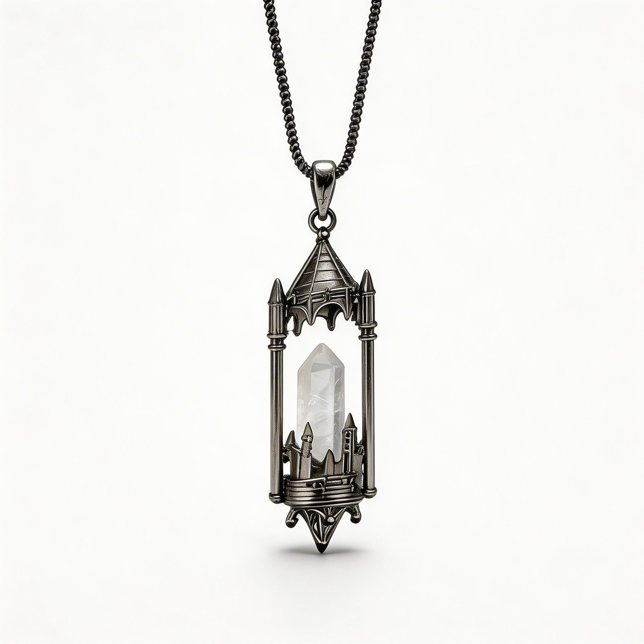 RYS Fantasy Castle Natural Crystal Point Pendant | Multi-Metal (Titanium/Silver/Gold) Options, Includes Chain