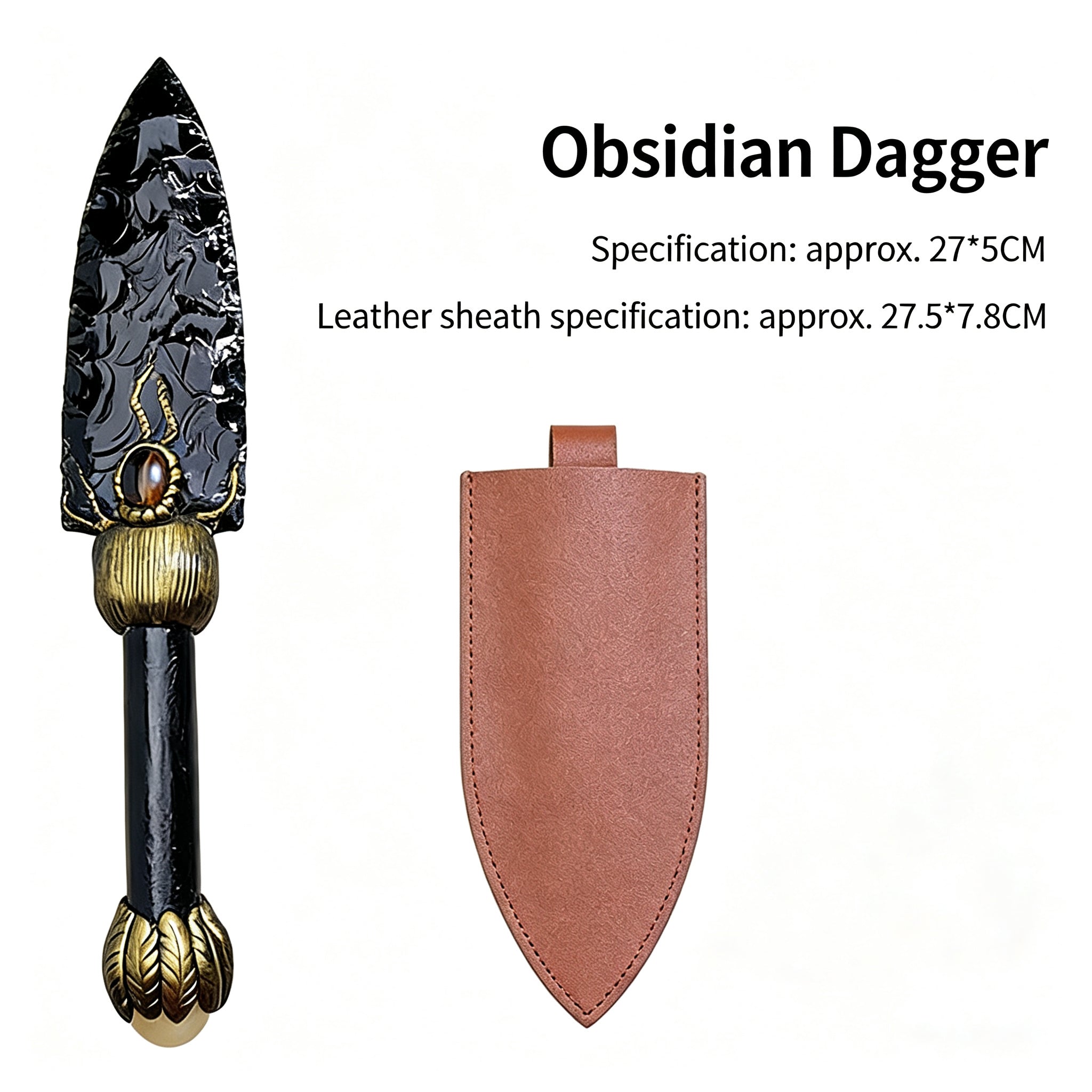 RYS Natural Obsidian Crystal Dagger with Sheath, Handmade Stone Blade & Wooden Handle, Protective Spiritual Tool