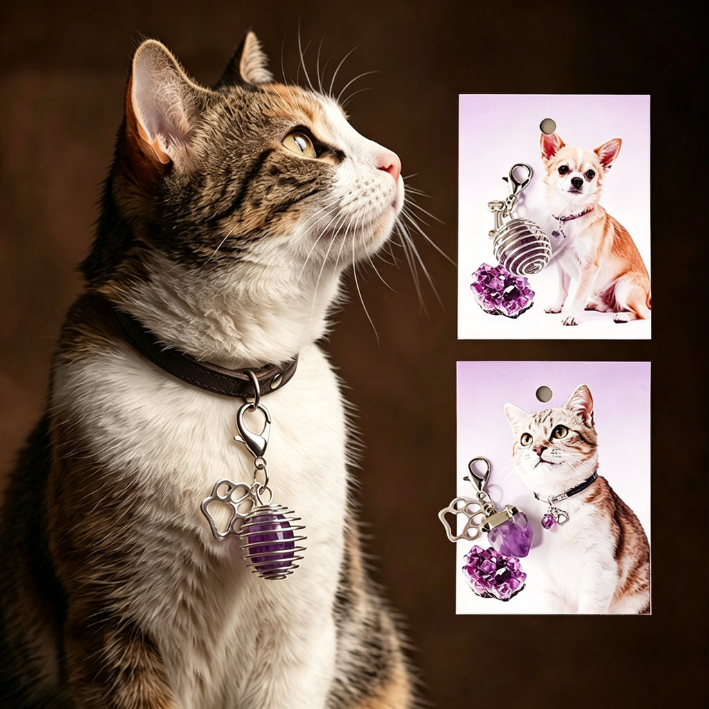 RYS Natural Amethyst Pet Pendant, DIY Crystal Keychain Bag Charm for Pets