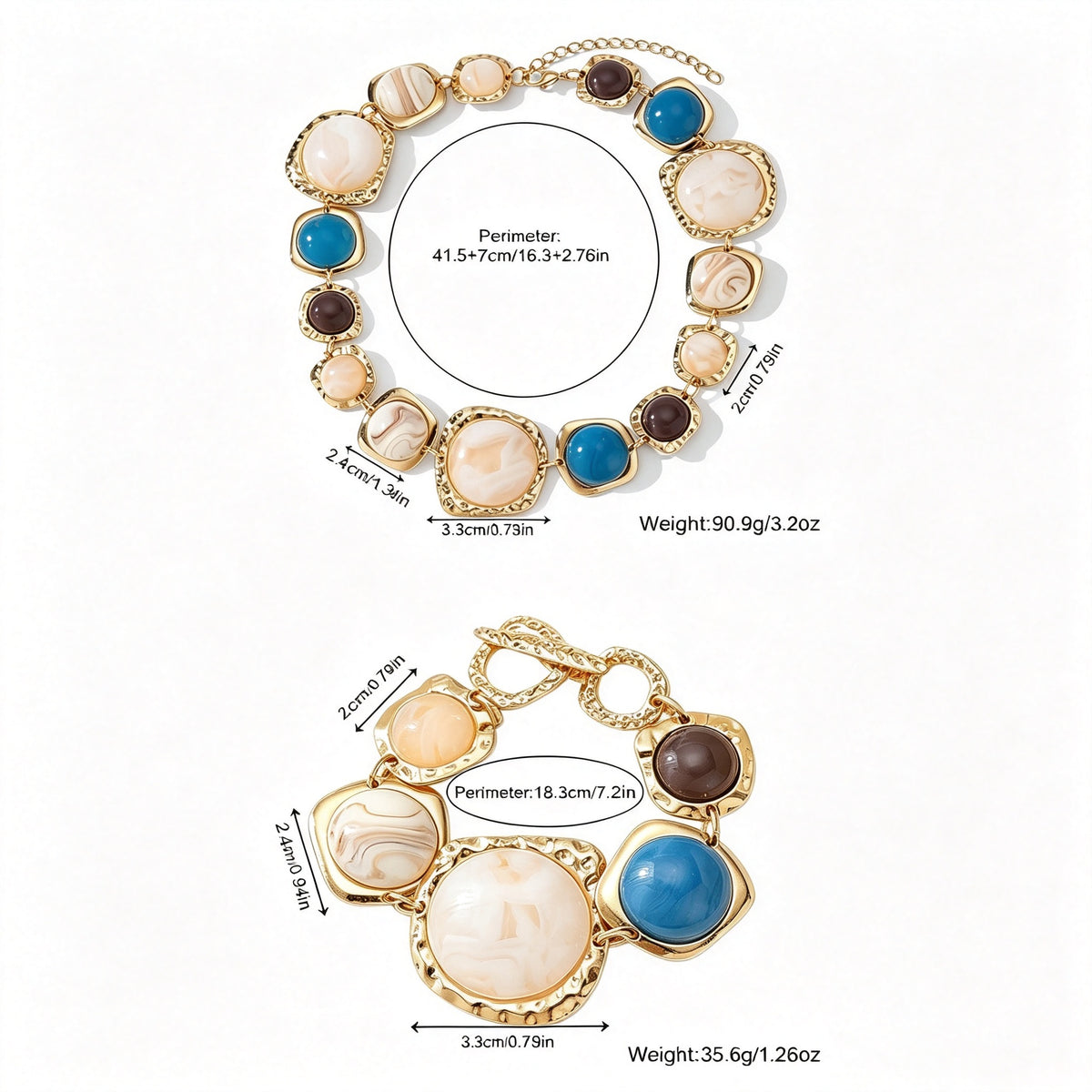 PNY Vintage Geometric Resin Necklace Bracelet Set, Retro Irregular Color Block Chunky Jewelry for Women