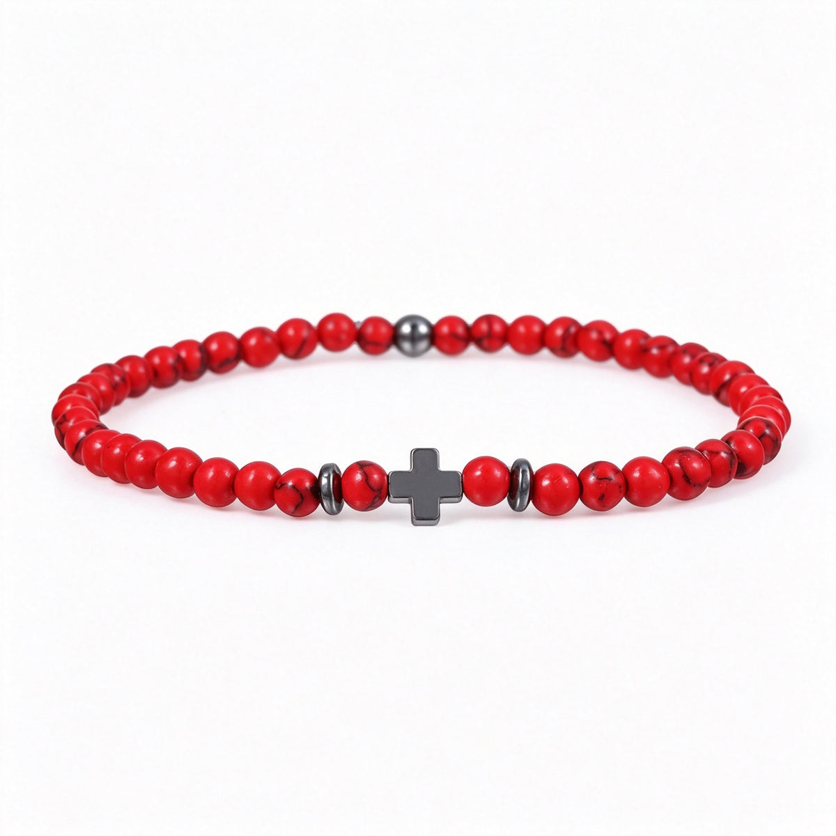 PNY Men Cross Beaded Bracelet Natural Volcanic Stone Black Obsidian Elastic Bracelet Unisex Religious Jewelry Gift