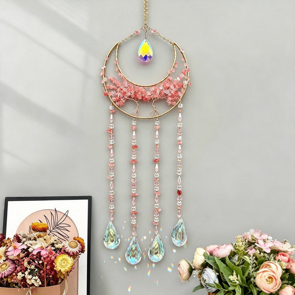 MGY Moon Tree of Life Suncatcher Wind Chime, Pink Natural Crystal Stone Wall Hanging Ornament for Home Bedroom Decor