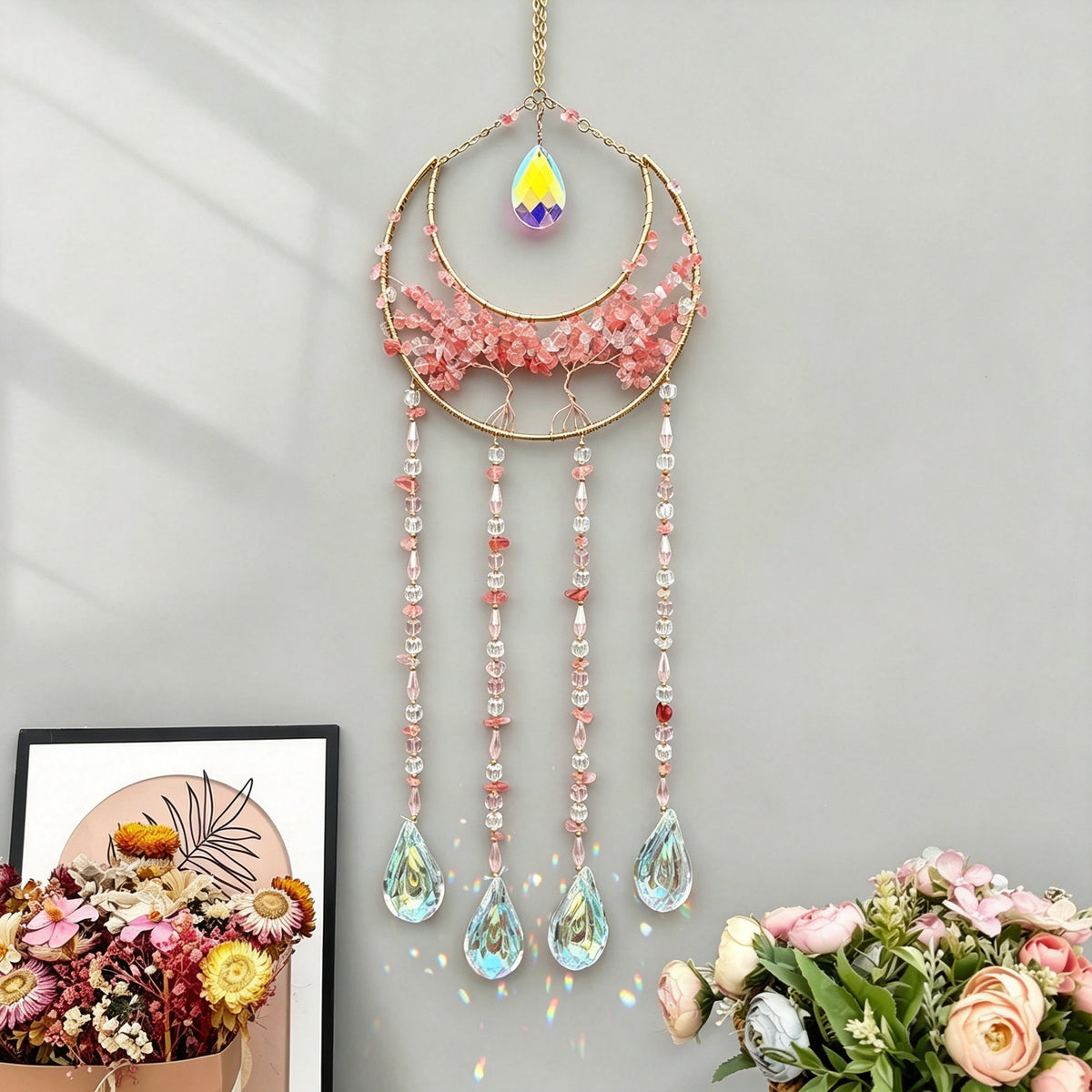 MGY Moon Tree of Life Suncatcher Wind Chime, Pink Natural Crystal Stone Wall Hanging Ornament for Home Bedroom Decor