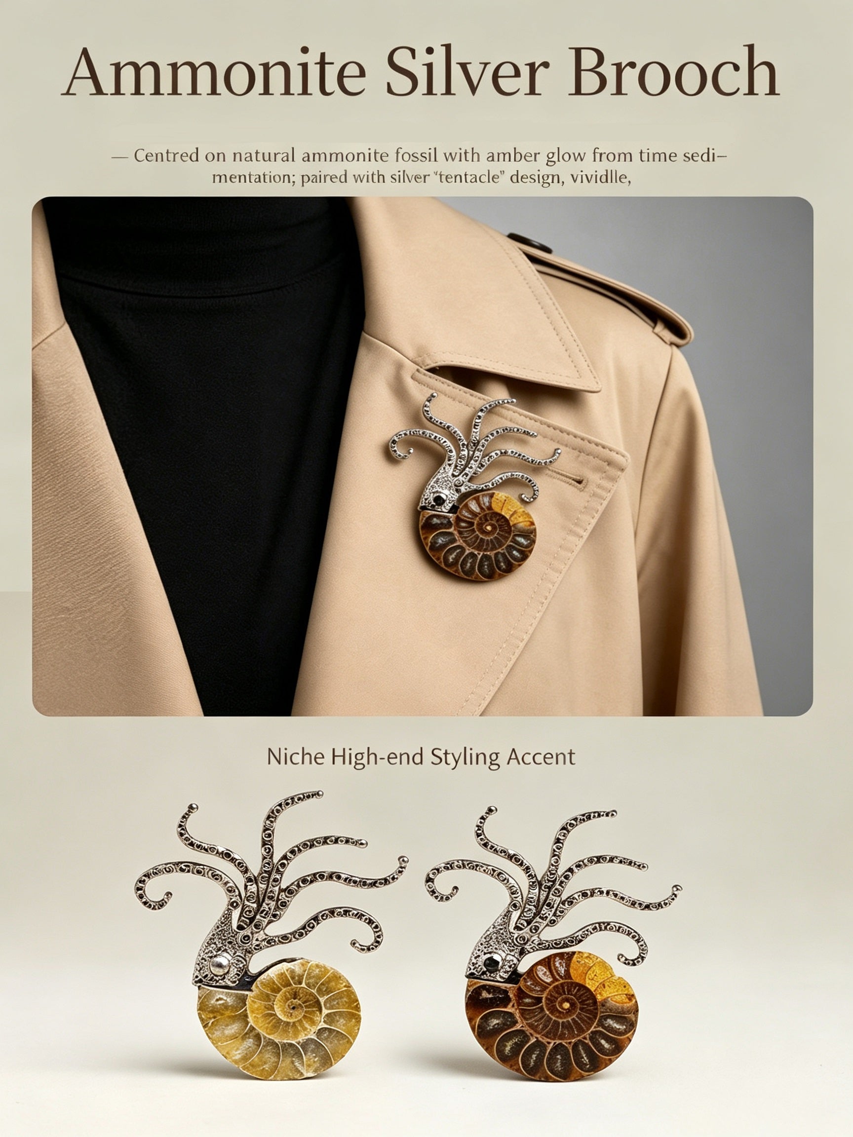 RYS Natural Ammonite Fossil Jewelry Brooch Necklace Earrings Set