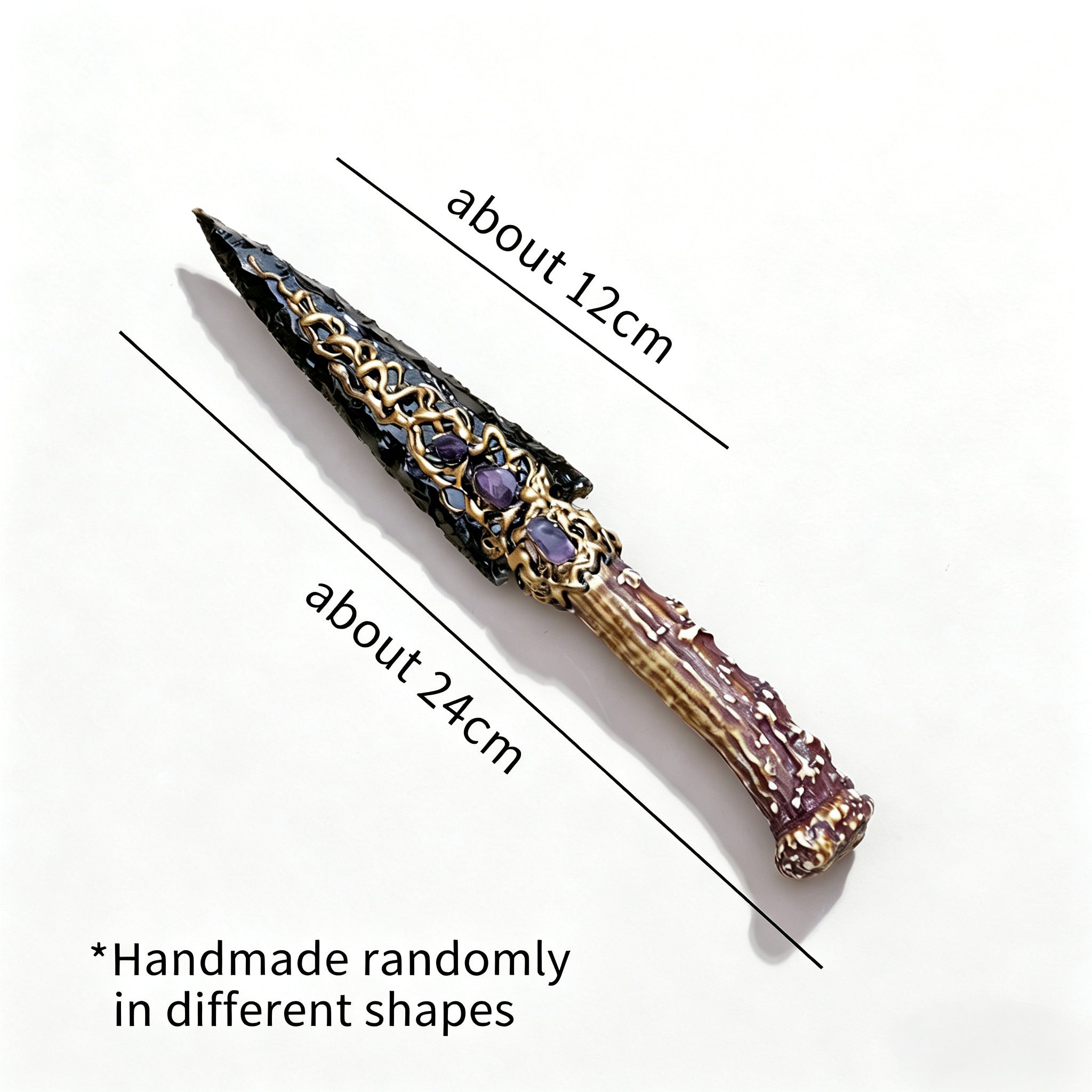 RYS Natural Obsidian Crystal Dagger, Hand Carved Stone Blade with Wooden Handle, Spiritual Ritual & Altar Decor