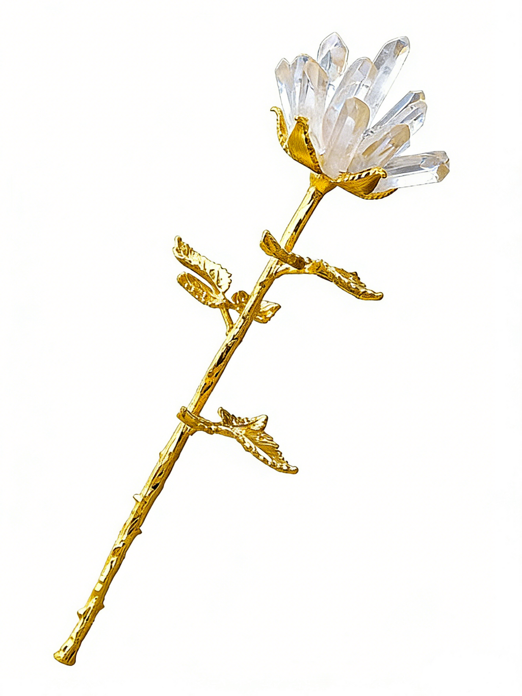RYS Natural Clear Quartz Rose Crystal Flower | Raw Crystal Single Stem Flower Bouquet | Healing Crystal Gift for Home Decor