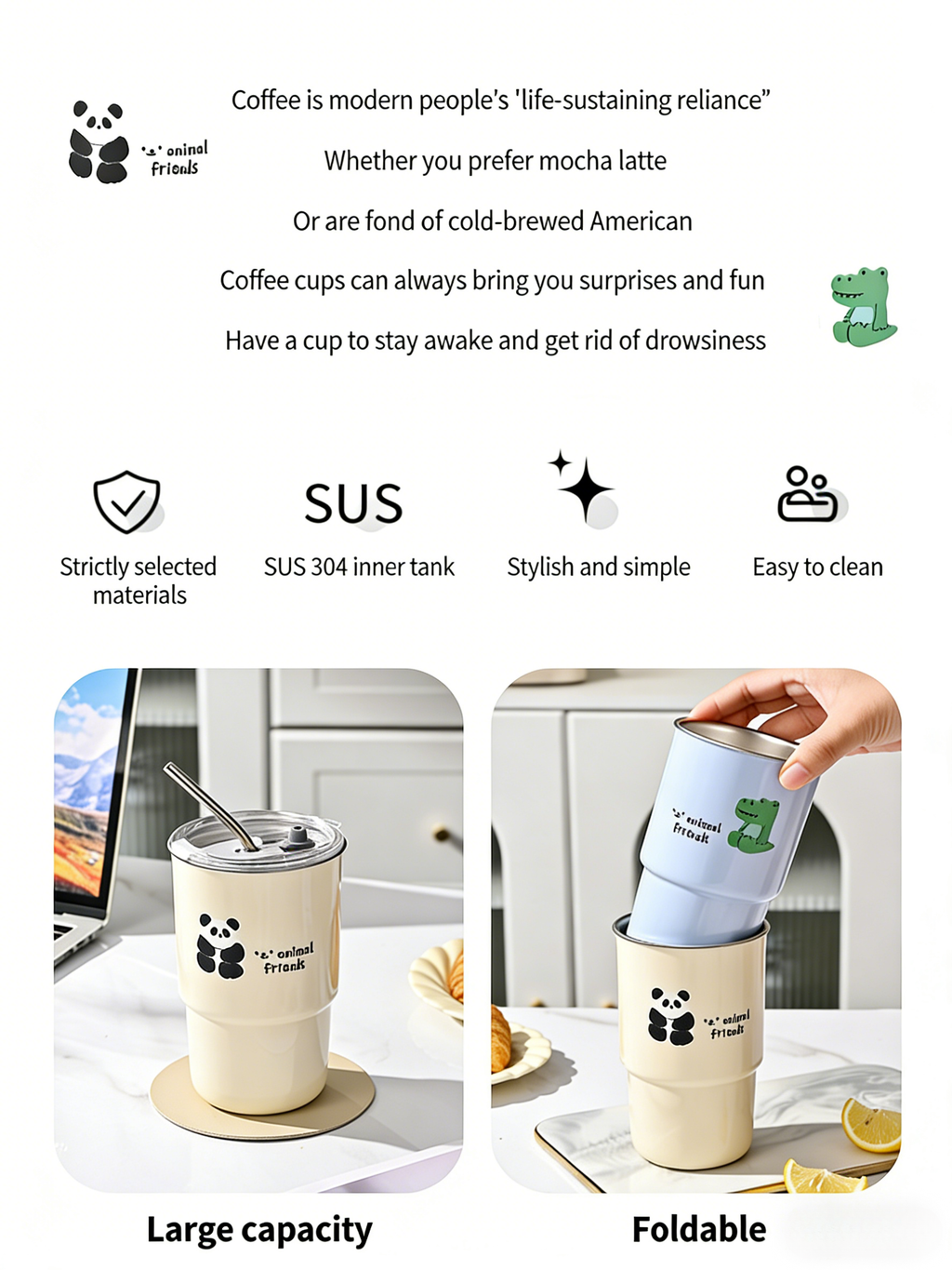HGD Cute Panda Insulated Coffee Cup with Straw & Lid | 400/600ml Animal Theme Stainless Steel Tumbler