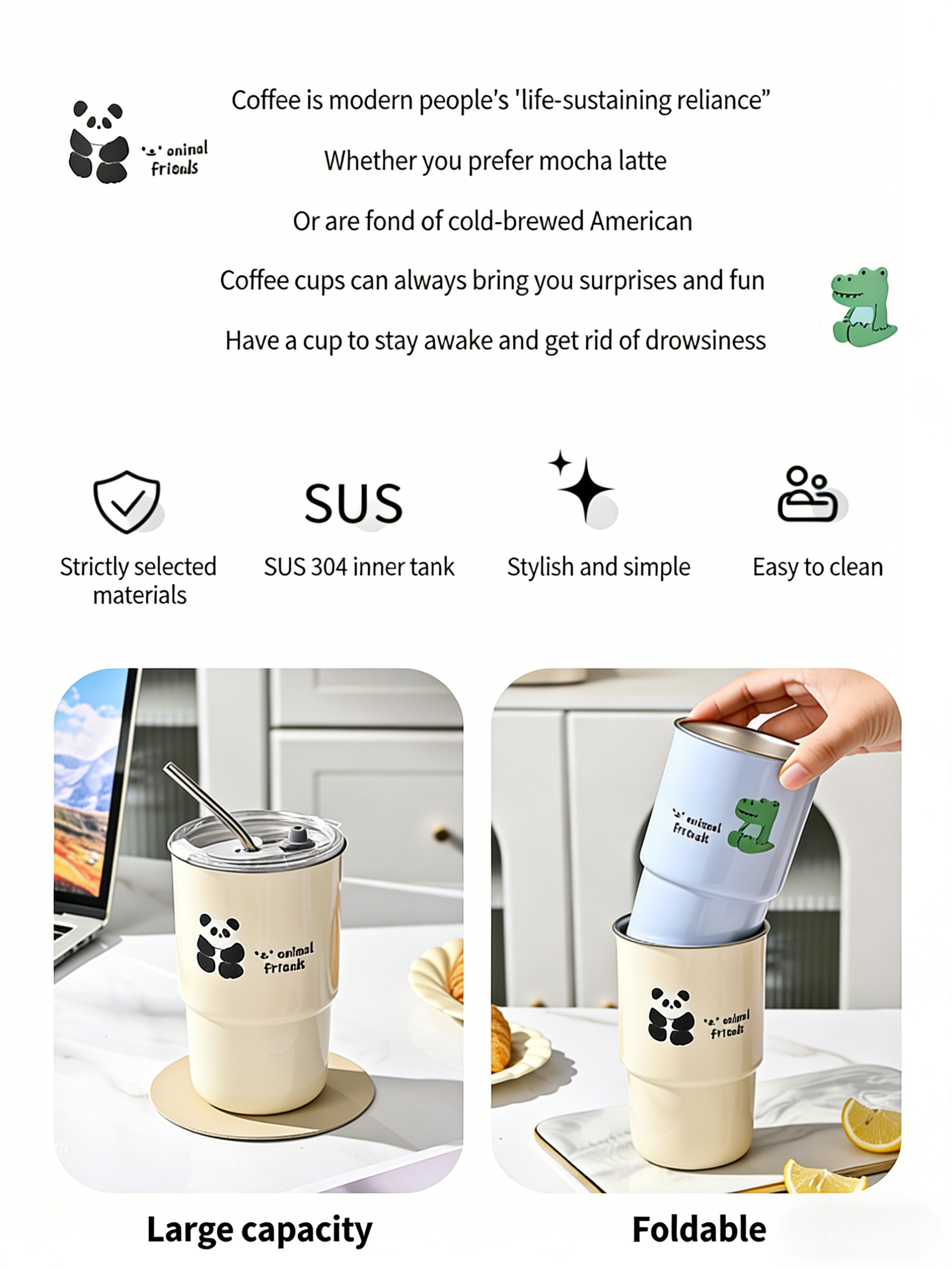 HGD Cute Panda Insulated Coffee Cup with Straw & Lid | 400/600ml Animal Theme Stainless Steel Tumbler