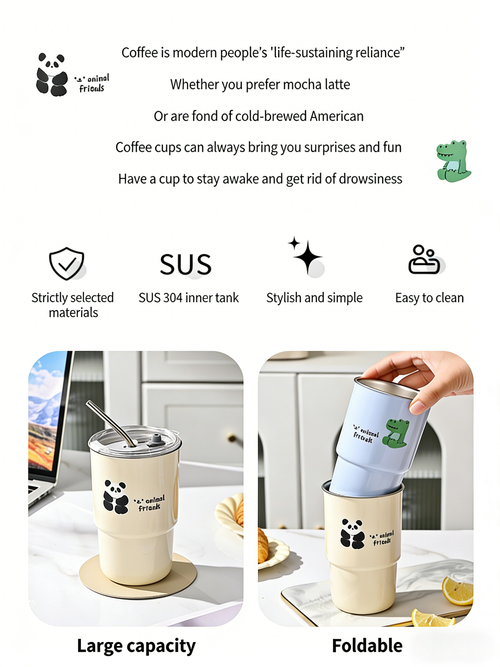 HGD Cute Panda Insulated Coffee Cup with Straw & Lid | 400/600ml Animal Theme Stainless Steel Tumbler