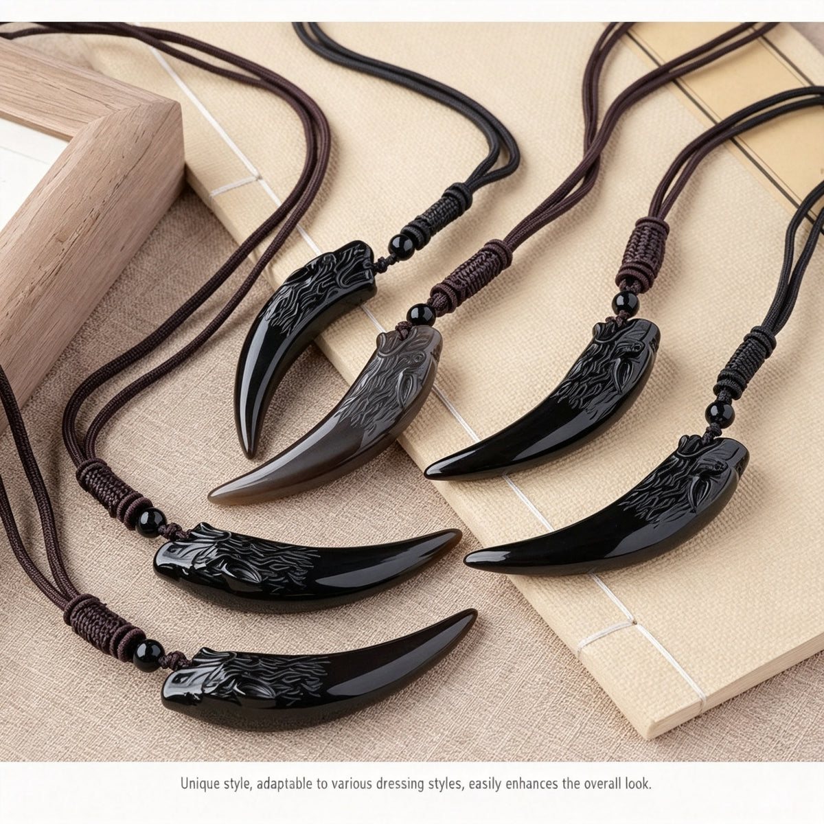 RYS Natural Obsidian Wolf Tooth Pendant Necklace for Men, Minimalist Daily Wear Jewelry Gift