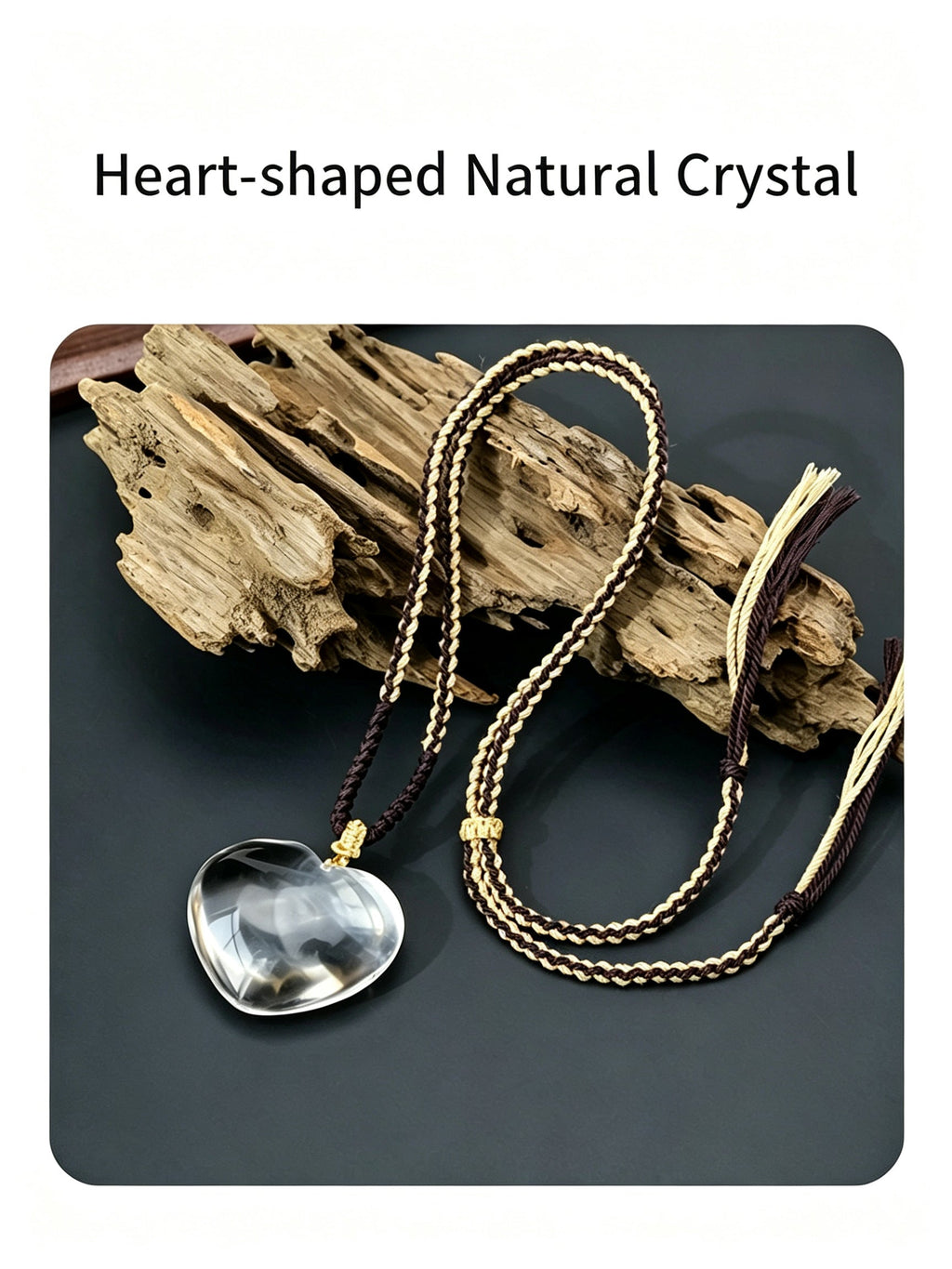 RYS Natural Clear Quartz Heart Pendant Necklace Hand Woven Rope