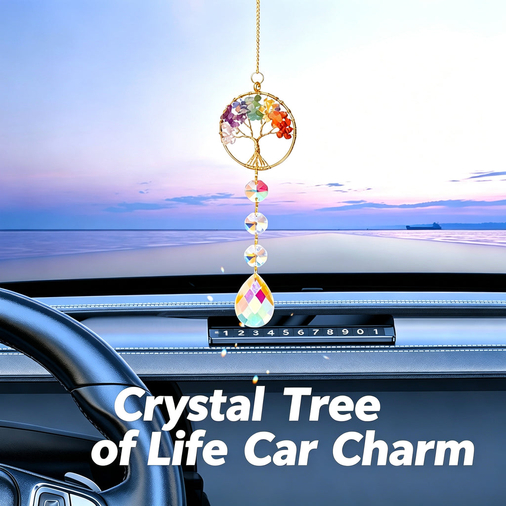 RYS Natural Crystal Tree of Life Suncatcher, Rainbow‑Drop Crystal Hanging Ornament for Window, Car & Home Decor