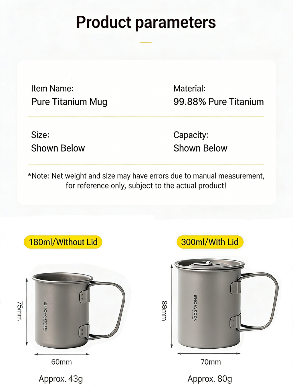 SNR Leichter Titanbecher mit Klappgriff | Tragbarer Campingbecher mit Deckel & Silikonhülle | 300ml-600ml