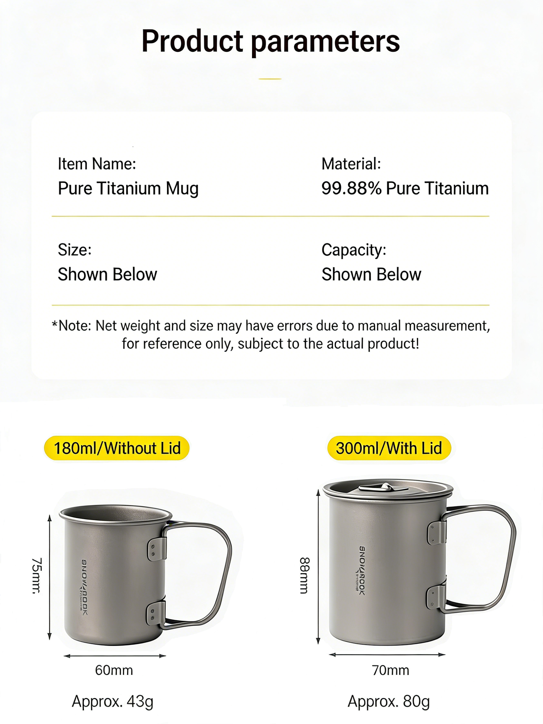 SNR Leichter Titanbecher mit Klappgriff | Tragbarer Campingbecher mit Deckel & Silikonhülle | 300ml-600ml