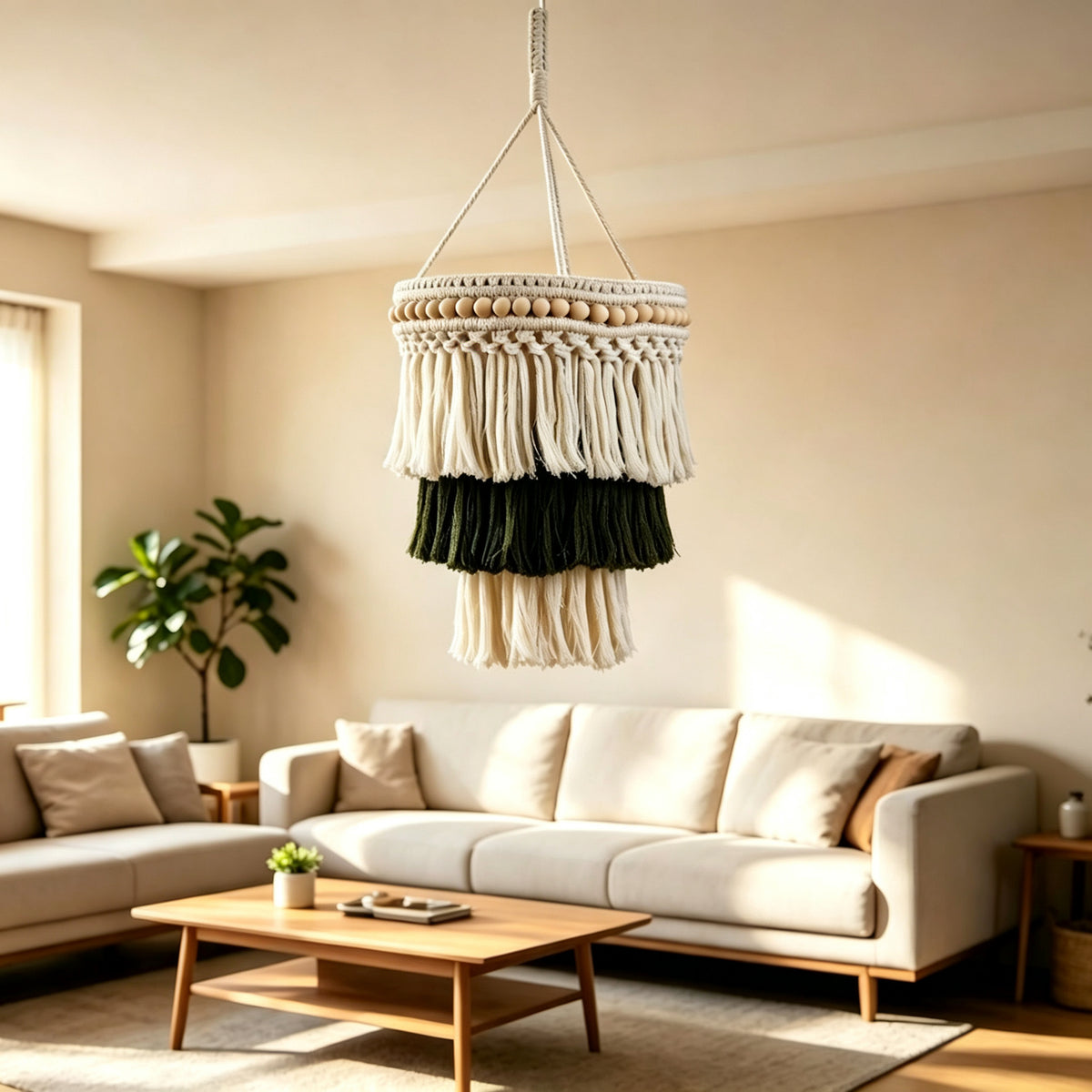 JSE Boho Hand Woven Cotton Linen Pendant Lampshade Tassel Ceiling Lamp Cover for Home Decor