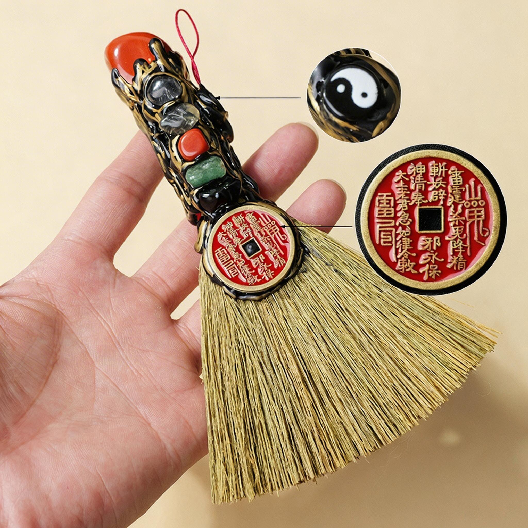 RYS Natural Crystal Shanguang Coin & Small Broom Pendant, Five Elements Stone Amulet for Entrance Door Handle
