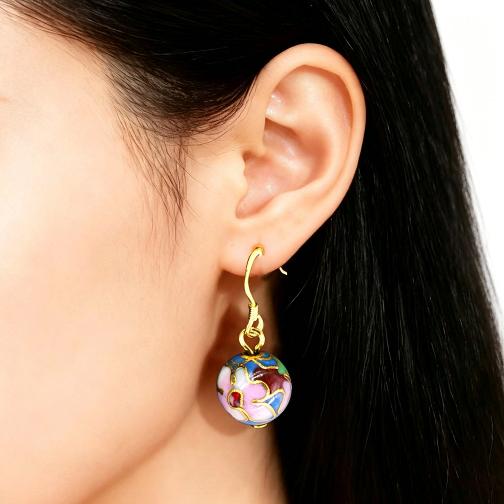 JCJ Handmade Cloisonne Enamel 10mm Round Bead Drop Earrings Traditional Chinese Jewelry