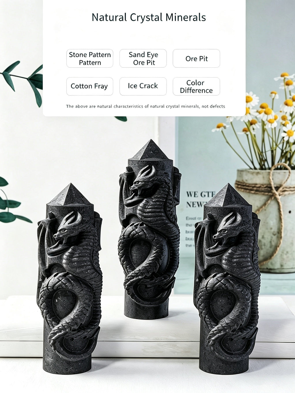 RYS Natural Russian Shungite Dragon Pillar Ornament | Hand-Carved Crystal Sculpture (Eastern/Western Dragon, 2 Sizes)