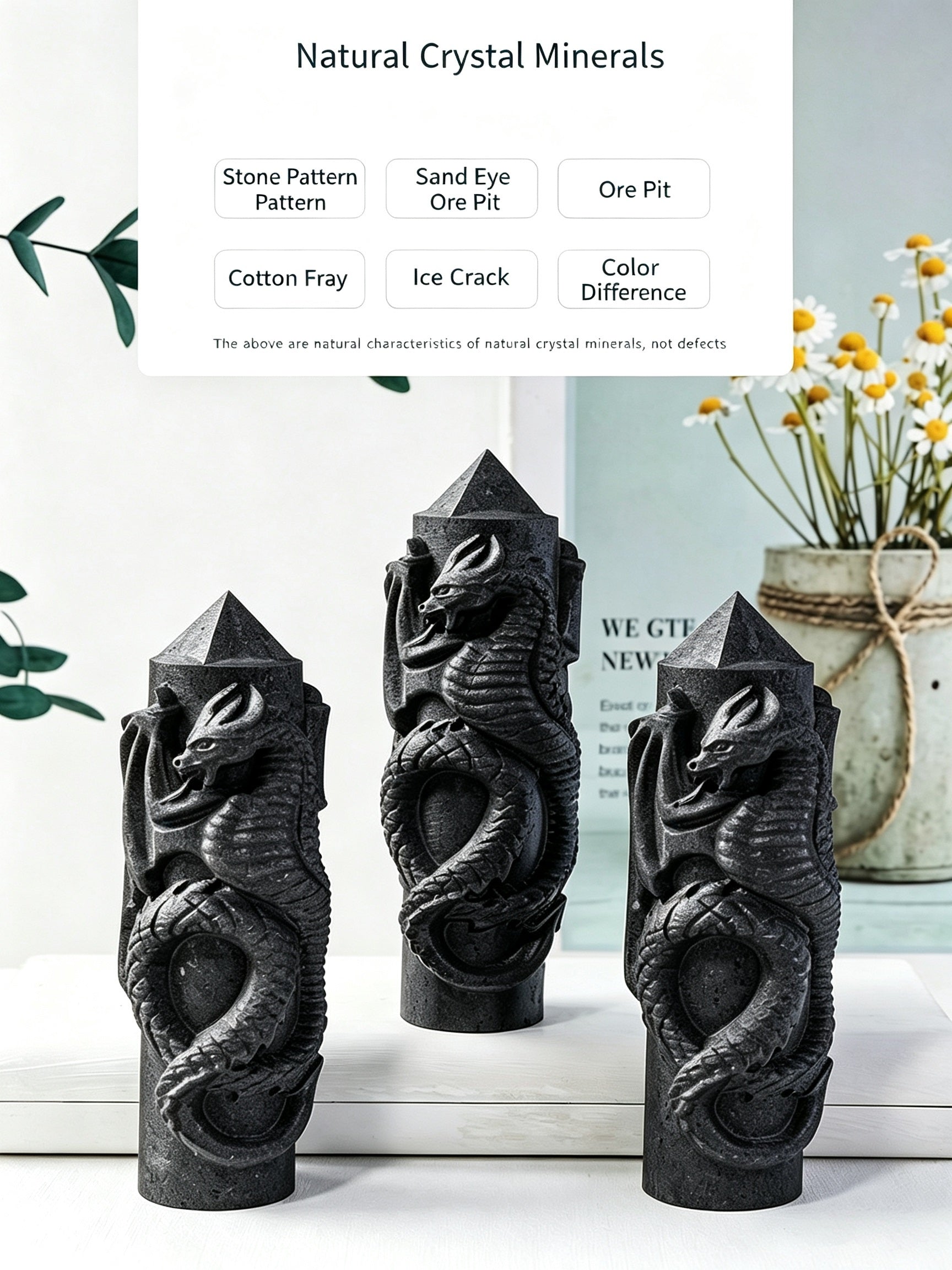 RYS Natural Russian Shungite Dragon Pillar Ornament | Hand-Carved Crystal Sculpture (Eastern/Western Dragon, 2 Sizes)