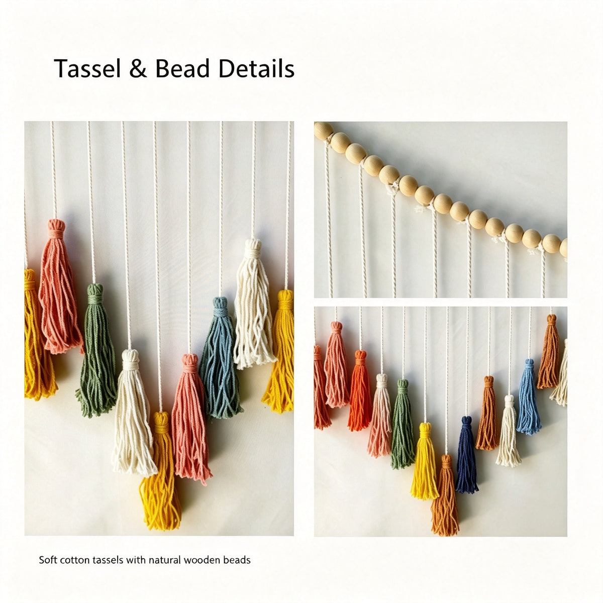 JXG Wood Bead Tassel Wall Tapestry Cotton Rope Woven Boho Wall Hanging Decor for Living Room Balcony