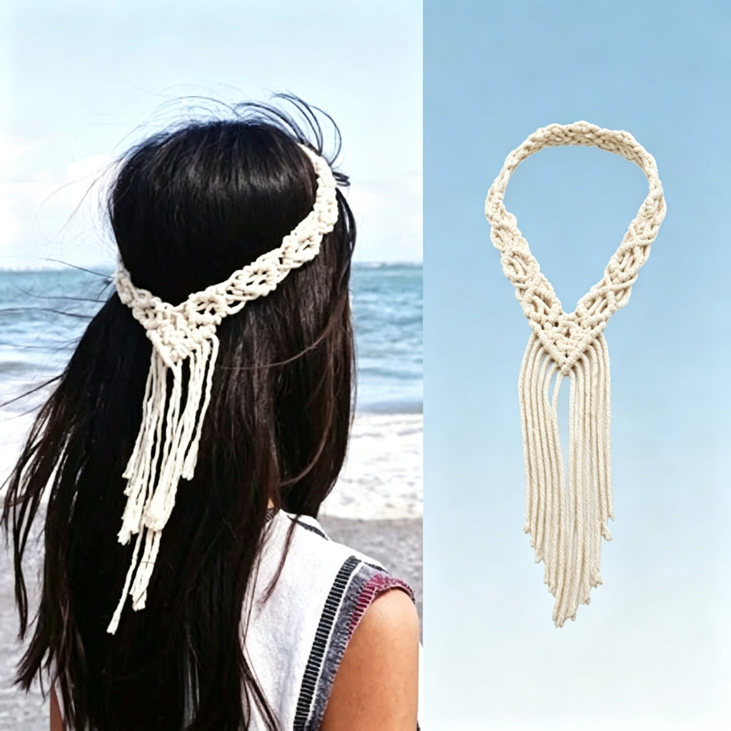 JSE Boho Bridal Headband Handwoven Cotton Crown Headpiece Wedding Hair Accessory
