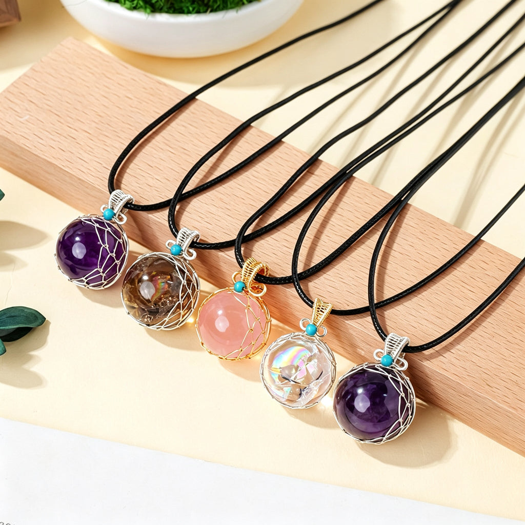 RYS Natural Azeztulite Rainbow Crystal Ball Pendant Necklace with Leather Cord