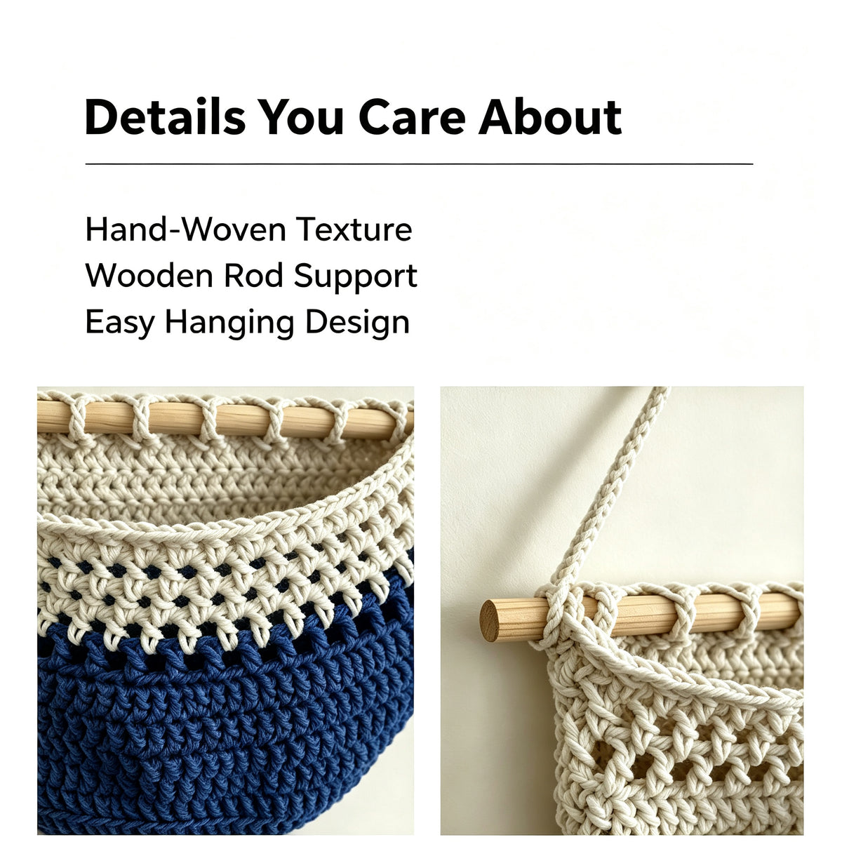 JXG Hand Woven Cotton Wall Hanging Fruit Net Bag Removable Wall Mount Vegetable Storage Basket For Kitchen Home Decor