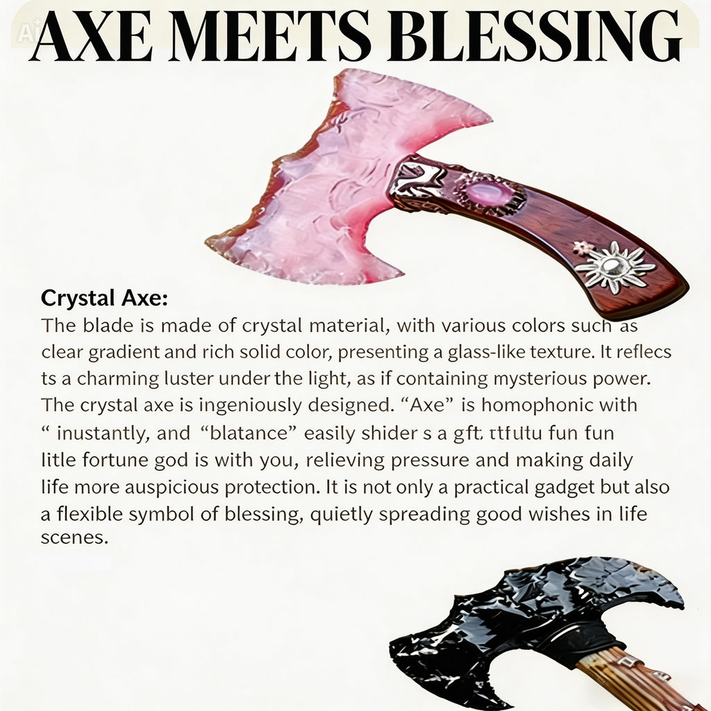 RYS Natural Obsidian & Gemstone Crystal Axe, Hand Carved Stone Blade with Wooden Handle, Spiritual Decorative Tool