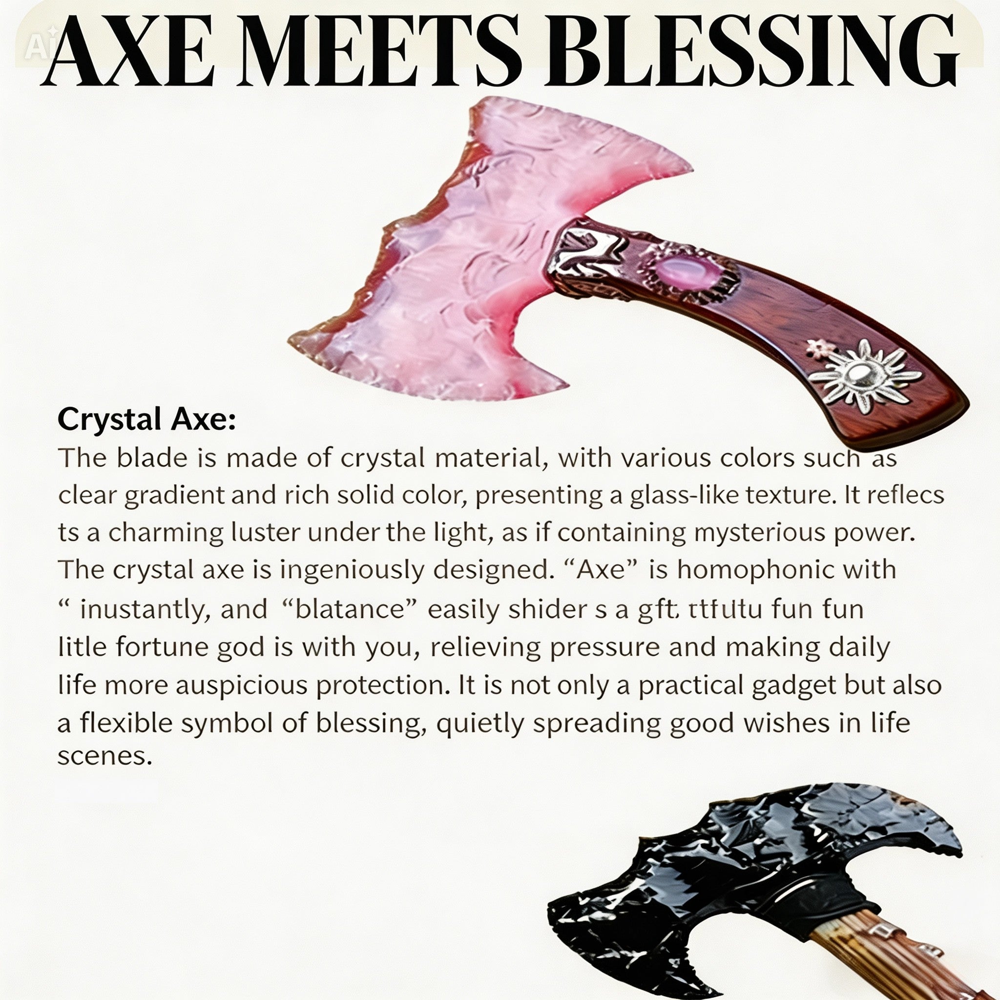 RYS Natural Obsidian & Gemstone Crystal Axe, Hand Carved Stone Blade with Wooden Handle, Spiritual Decorative Tool