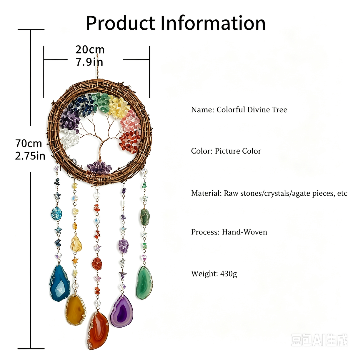 MGY Tree of Life Rattan Dreamcatcher Wind Chime, Colorful Agate Slices Wall Hanging Ornament for Living Room Bedroom Home Decor