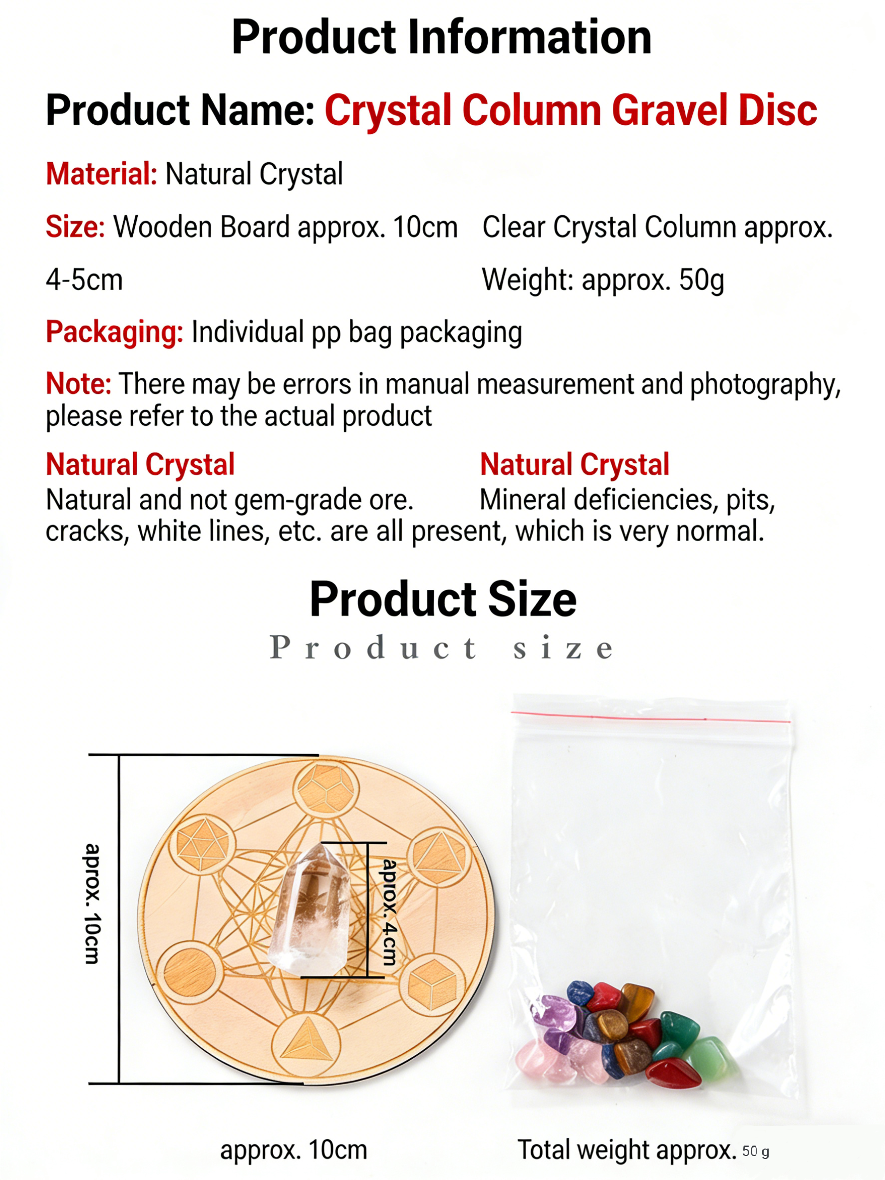 RYS Natural Clear Crystal Pillar Seven Star Array Ornament, Seven Color Gemstone Crushed Stone Wooden Disk Set