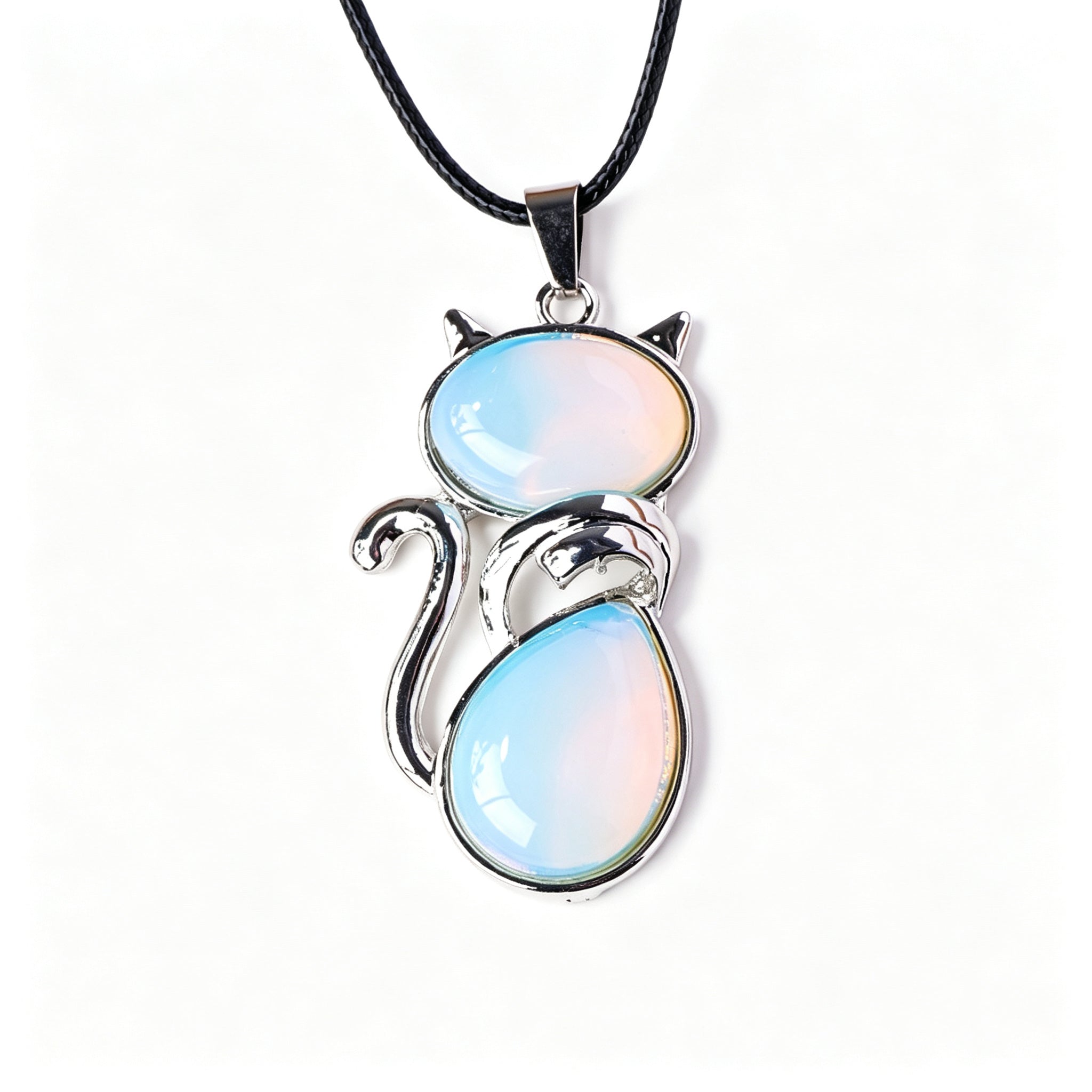 RYS Natural Crystal Gemstone Cat Pendant with Leather Cord